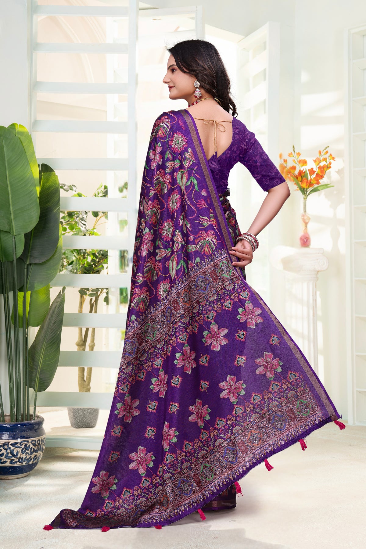Purple Mal Cotton Printed Saree With Blouse for Women