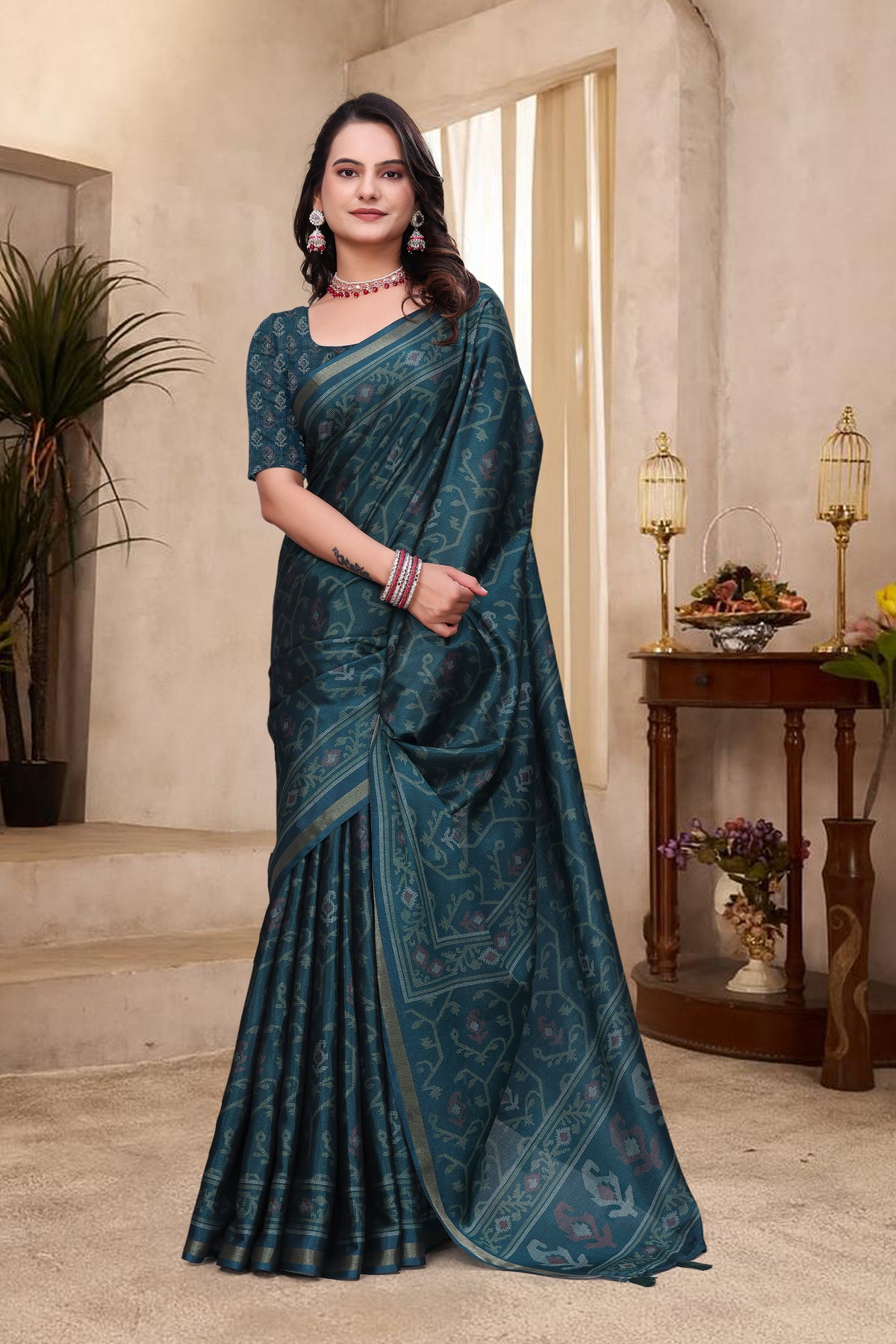 Teal Mal Cotton Woven Print Saree With Blouse for Women