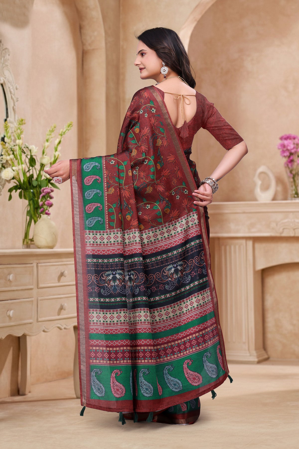 Maroon Floral Printed Mul Cotton Saree for Women