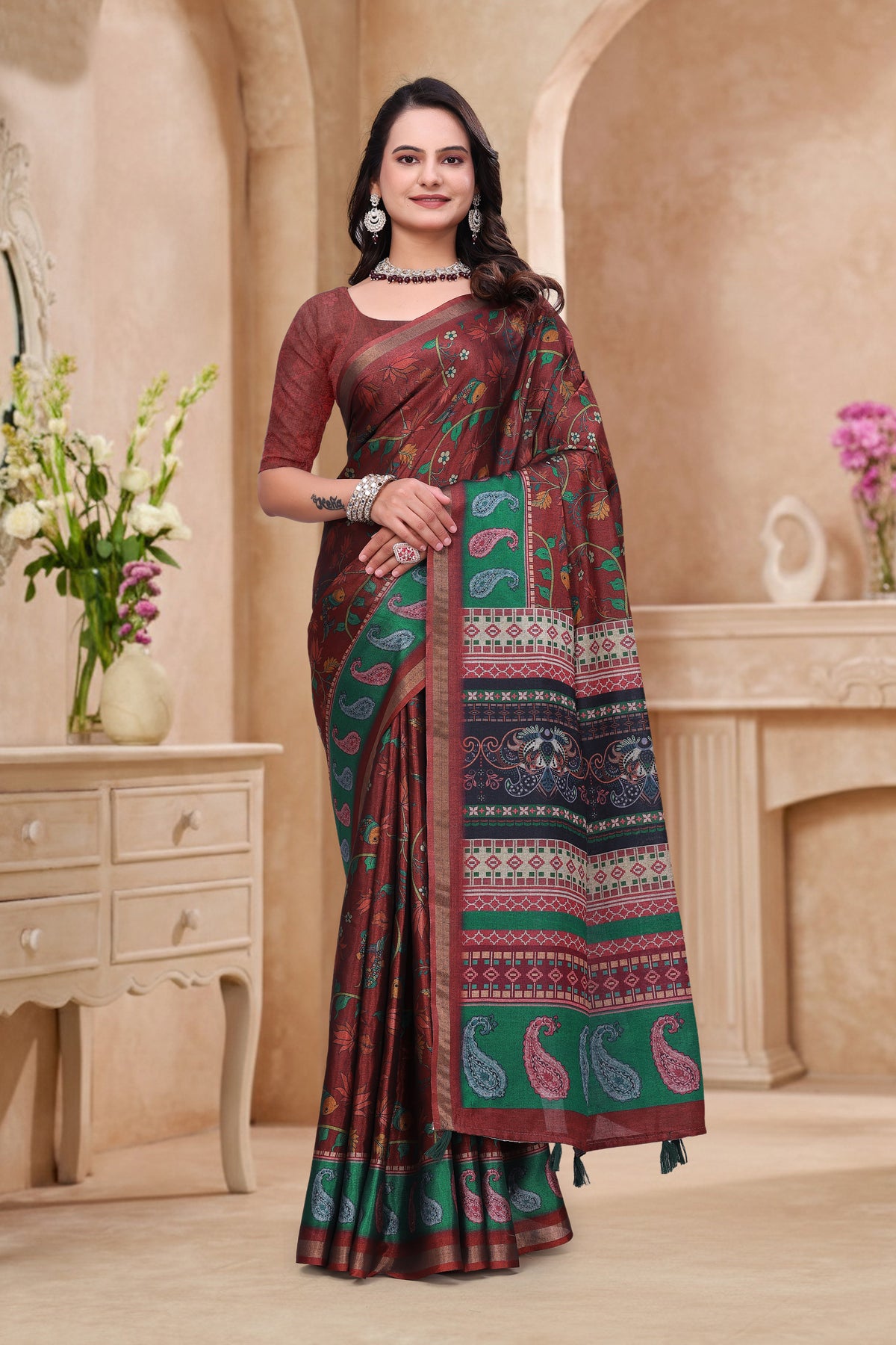 Maroon Floral Printed Mul Cotton Saree for Women