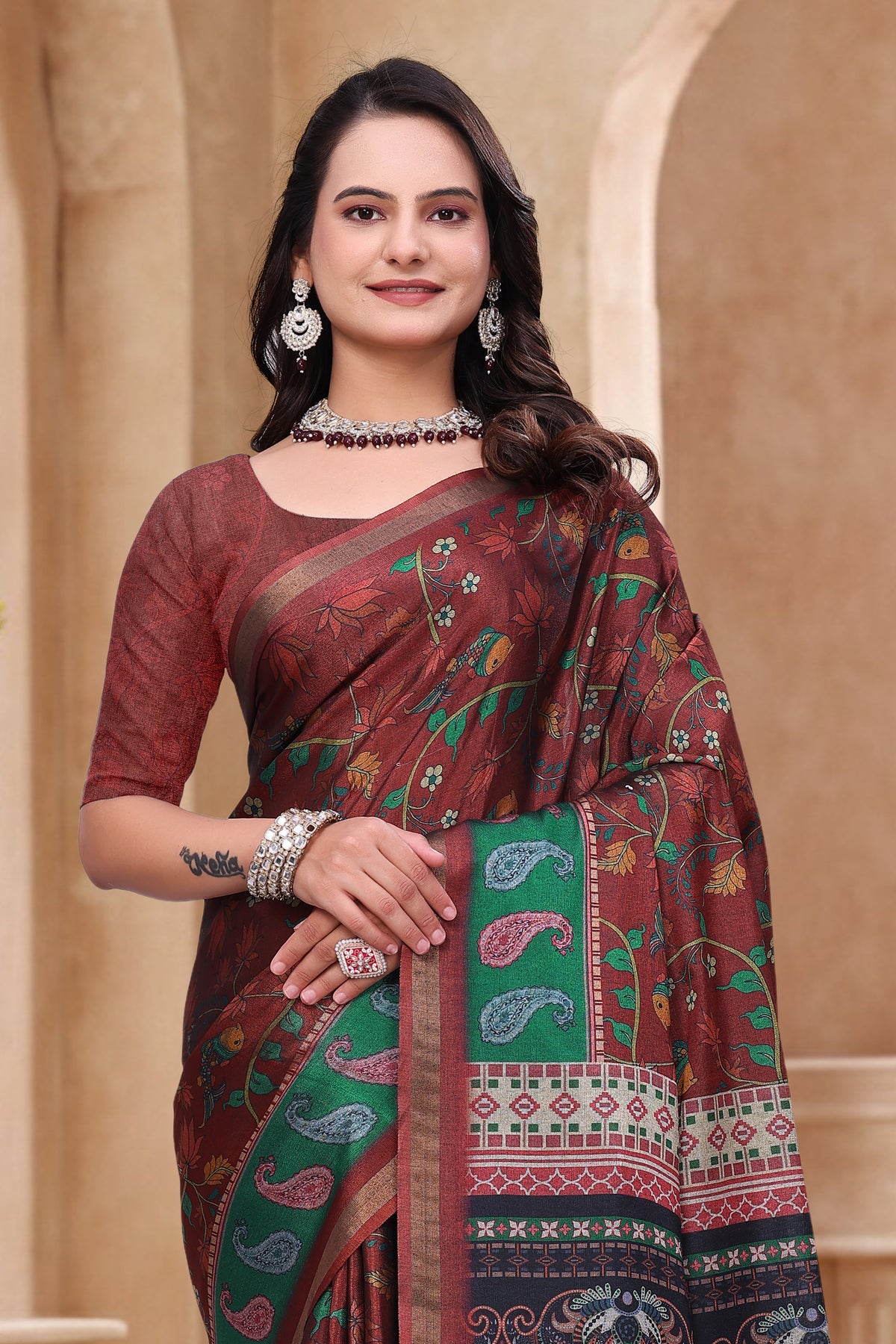 Maroon Floral Printed Mul Cotton Saree for Women