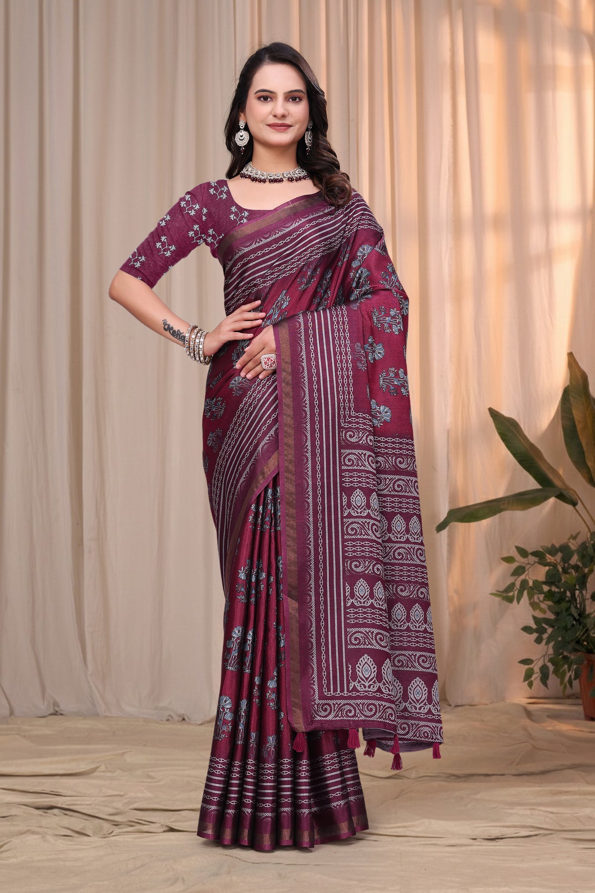 Wine Maroon Printed Mul Cotton Saree with Ornamental Pallu for Women