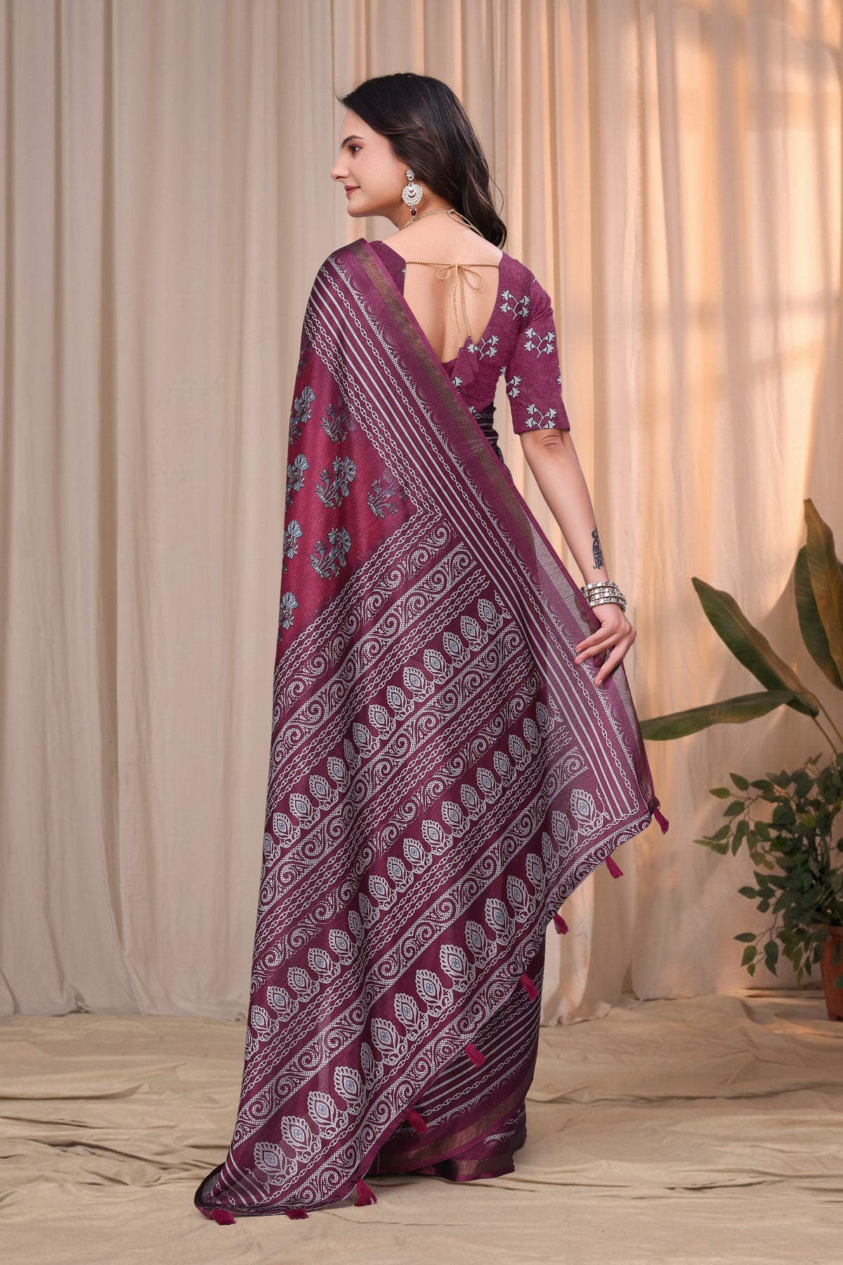 Wine Maroon Printed Mul Cotton Saree with Ornamental Pallu for Women