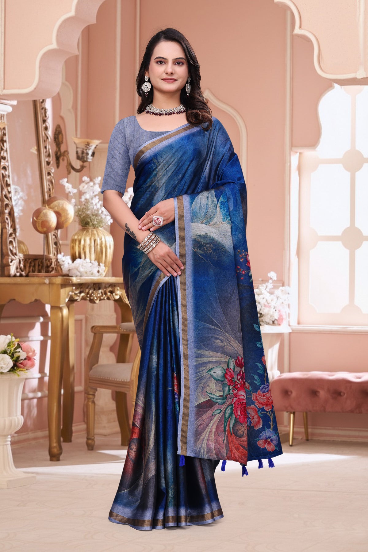 Royal Blue Floral Print Mal Cotton Saree for Party Wear for Women