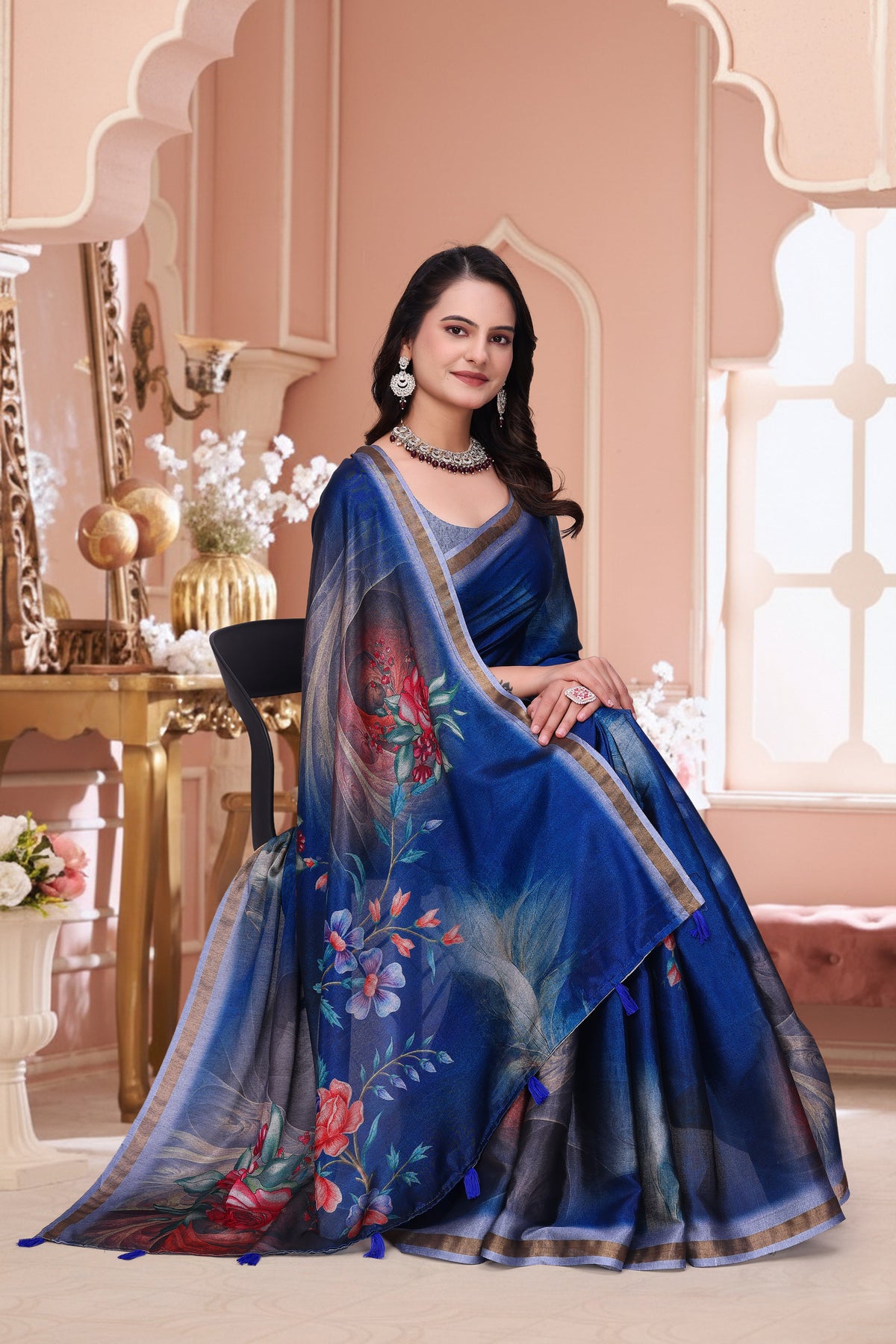 Royal Blue Floral Print Mal Cotton Saree for Party Wear for Women