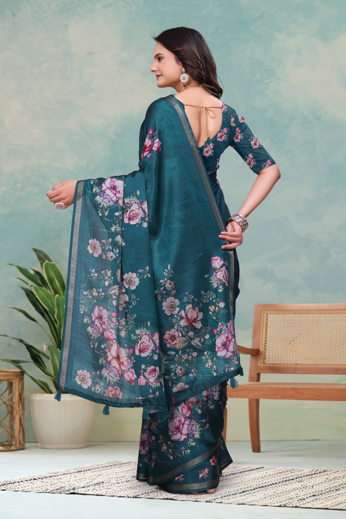 Teal Floral Mal Cotton Saree with Printed Pallu and Borders for Women
