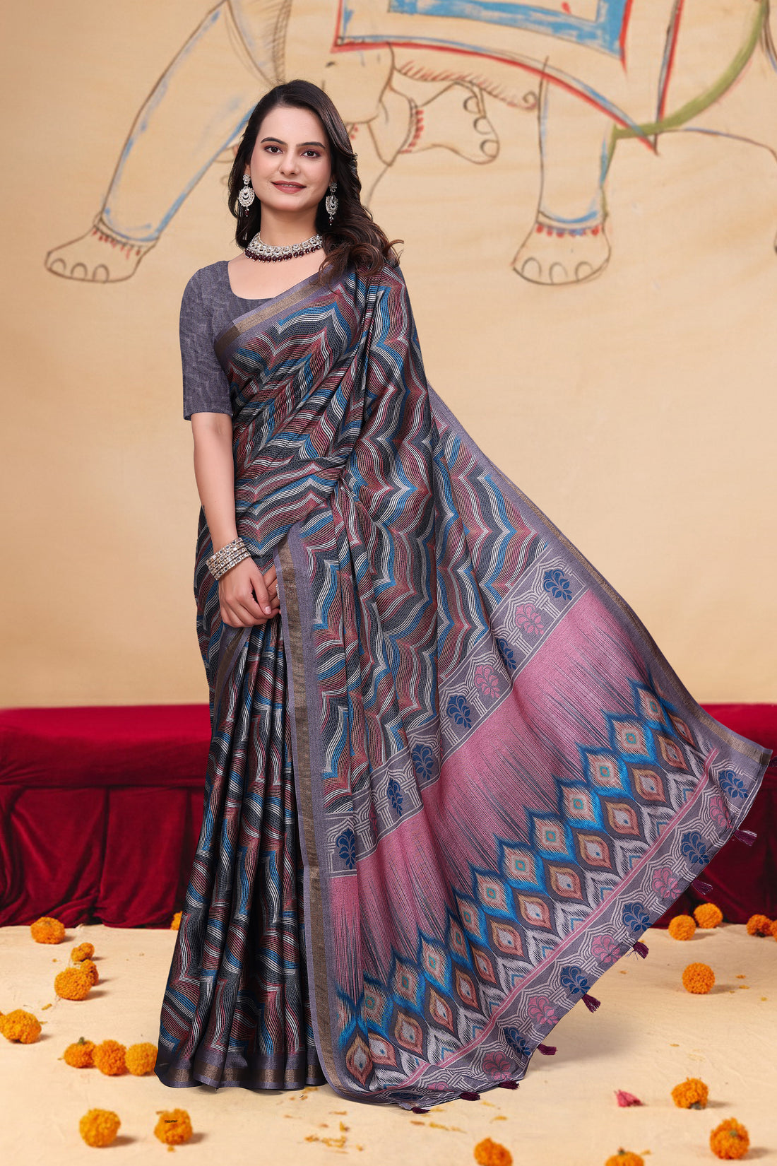 Multicolor Wave Print Mal Cotton Saree with Designer Pallu for Women