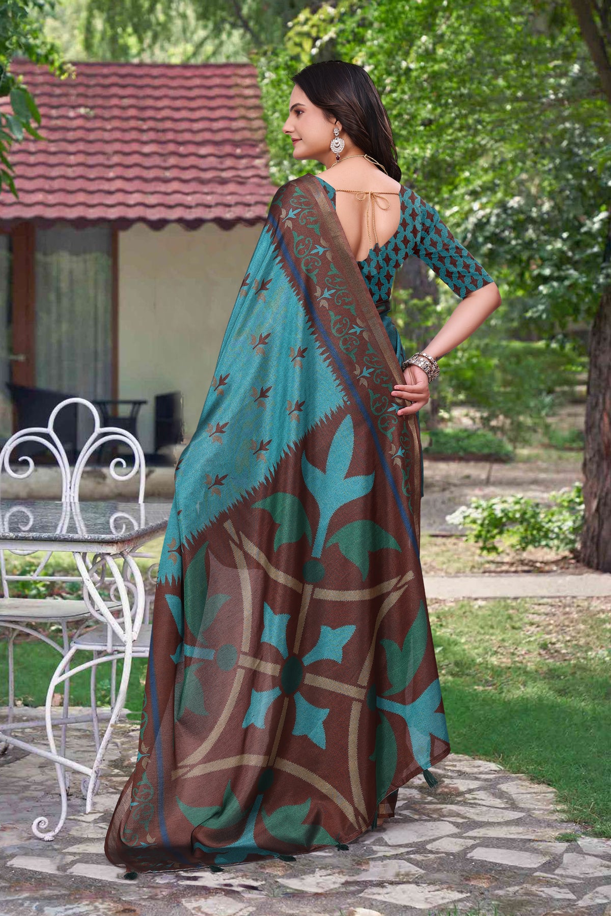 Teal Blue Modal Cotton Floral Woven Saree with Brown Border for Women