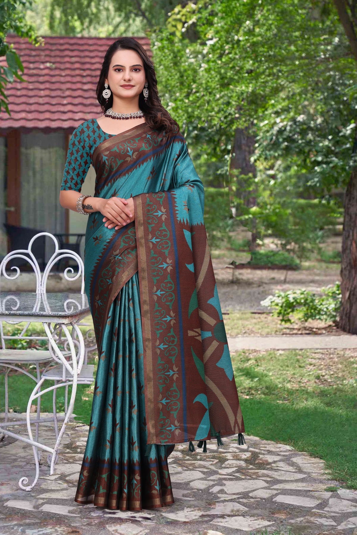 Teal Blue Modal Cotton Floral Woven Saree with Brown Border for Women