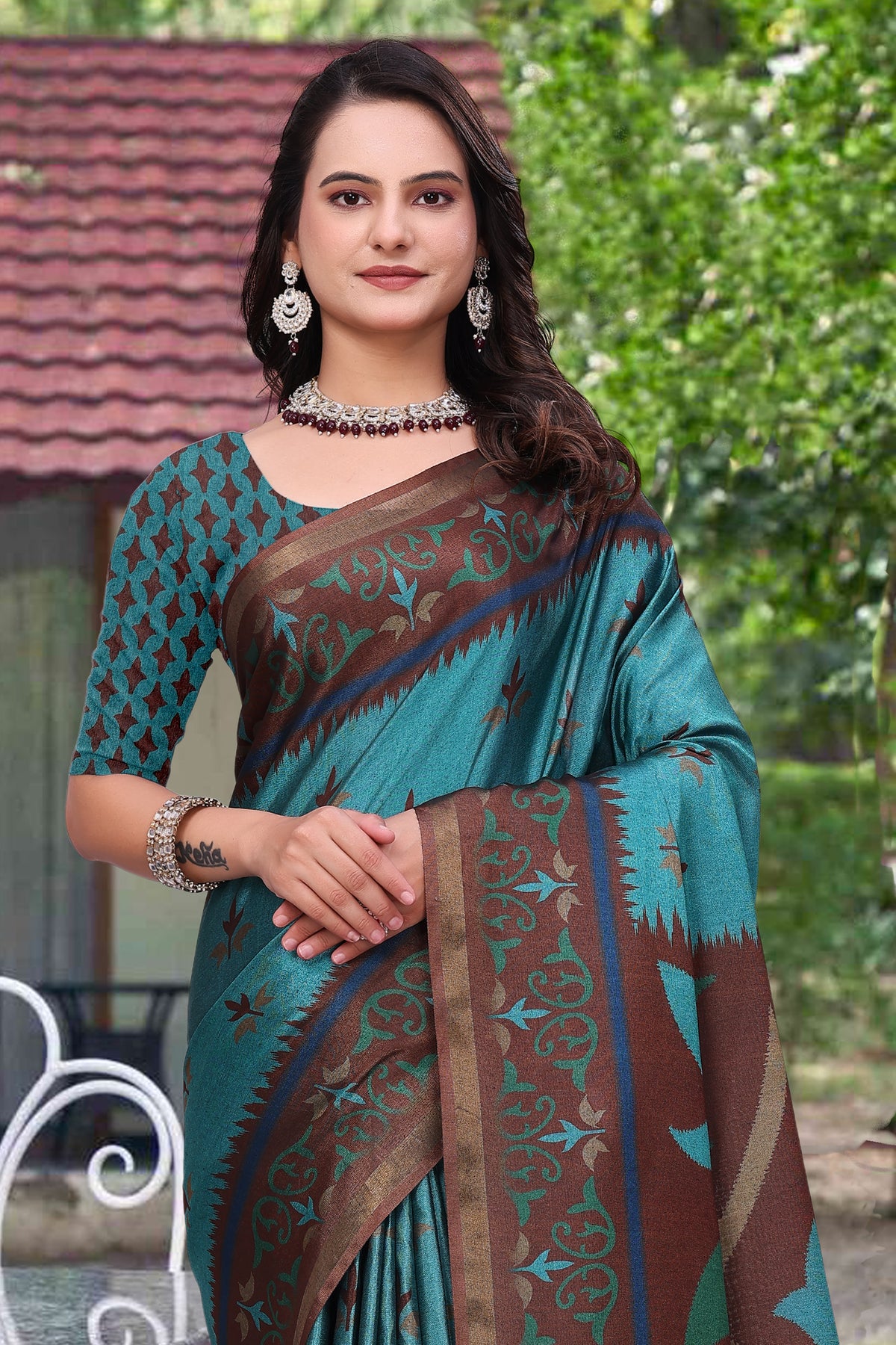 Teal Blue Modal Cotton Floral Woven Saree with Brown Border for Women