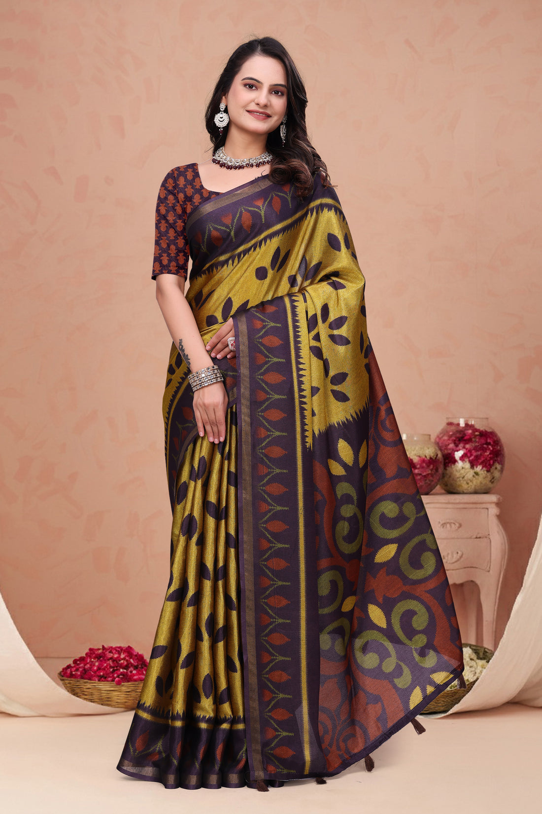 Mustard Purple Mal Cotton Printed Saree with Designer Pallu for Women