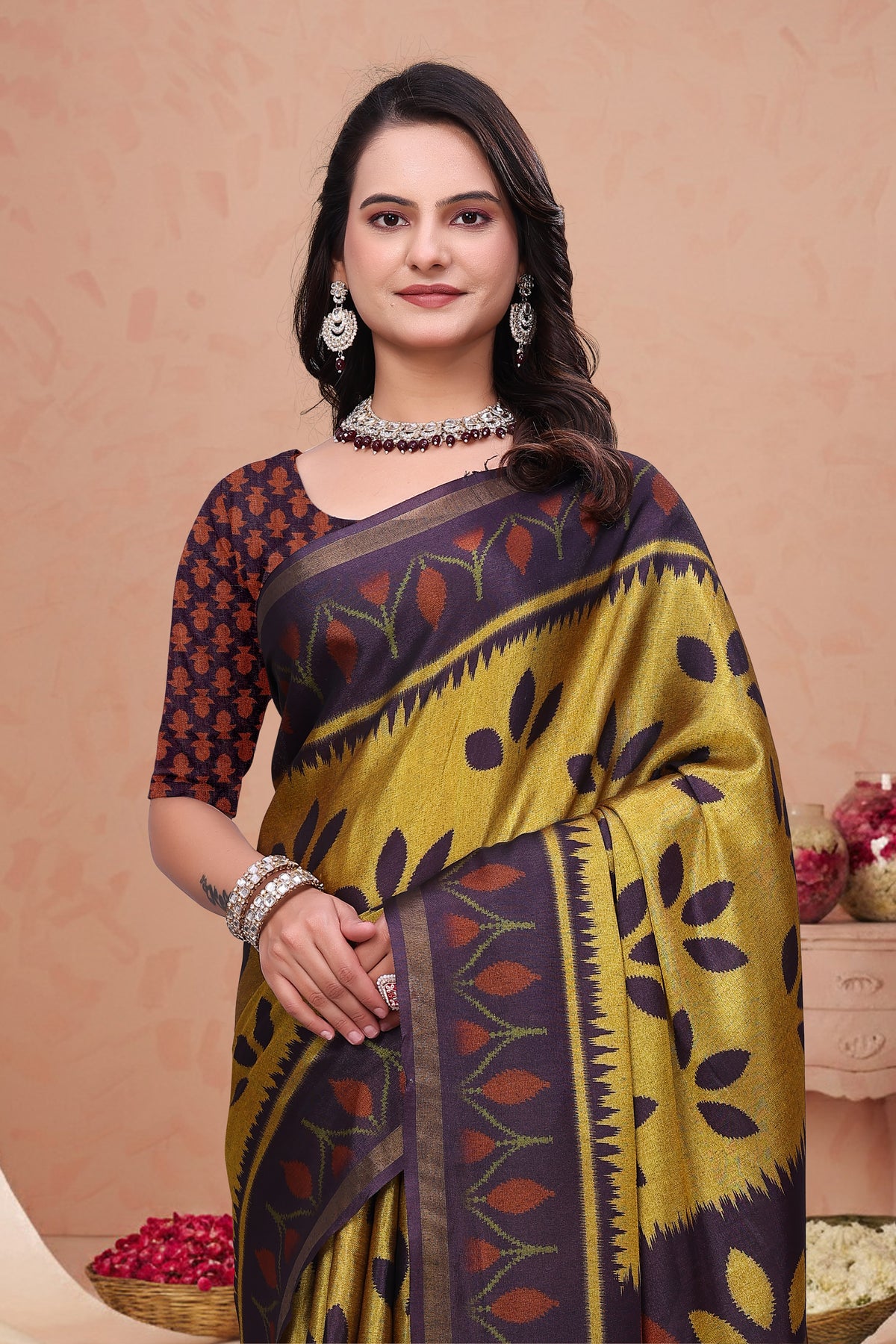 Mustard Purple Mal Cotton Printed Saree with Designer Pallu for Women