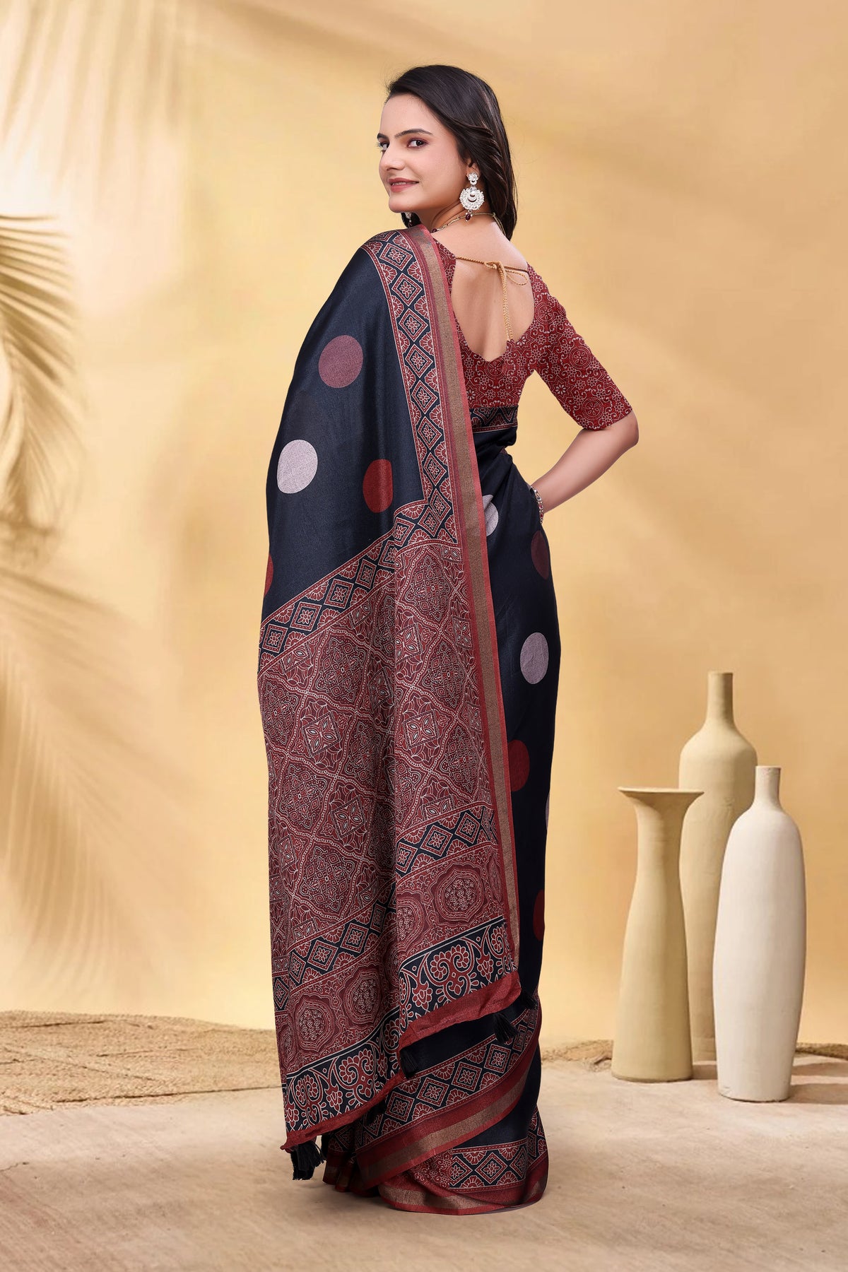 Navy Cotton Saree with Rust Print and Handloom Style Border for Women