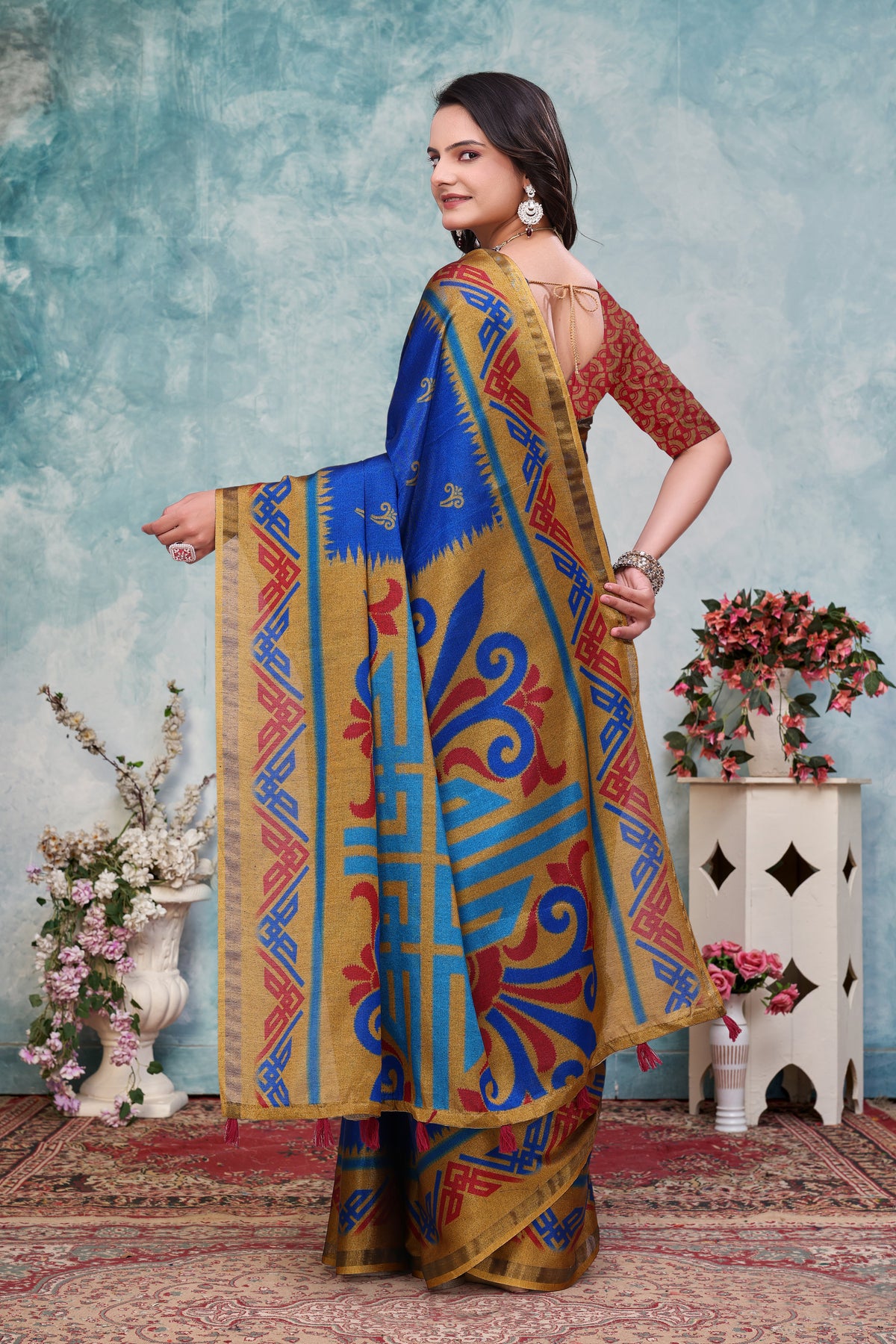 Royal Blue Ethnic Motif Mal Cotton Saree With Gold Border for Women