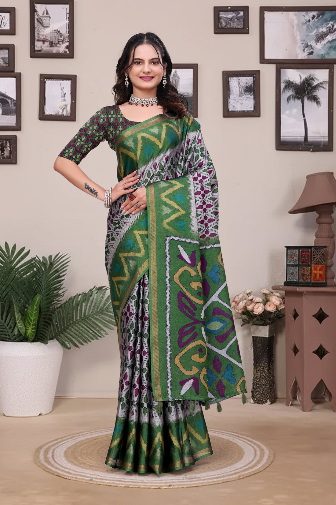Green Modal Cotton Saree with Geometric Designer Border for Women