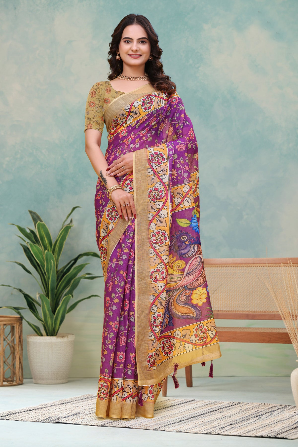 Purple Floral Printed Linen Cotton Saree with Peacock Pallu for Women