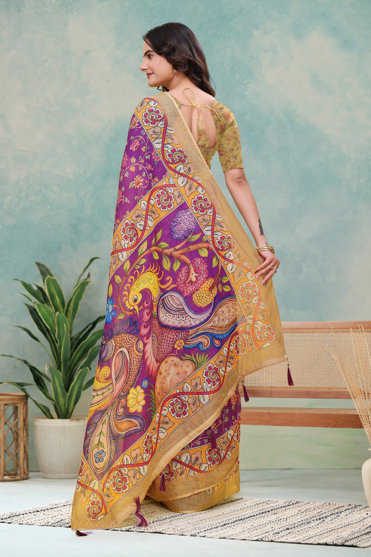 Purple Floral Printed Linen Cotton Saree with Peacock Pallu for Women