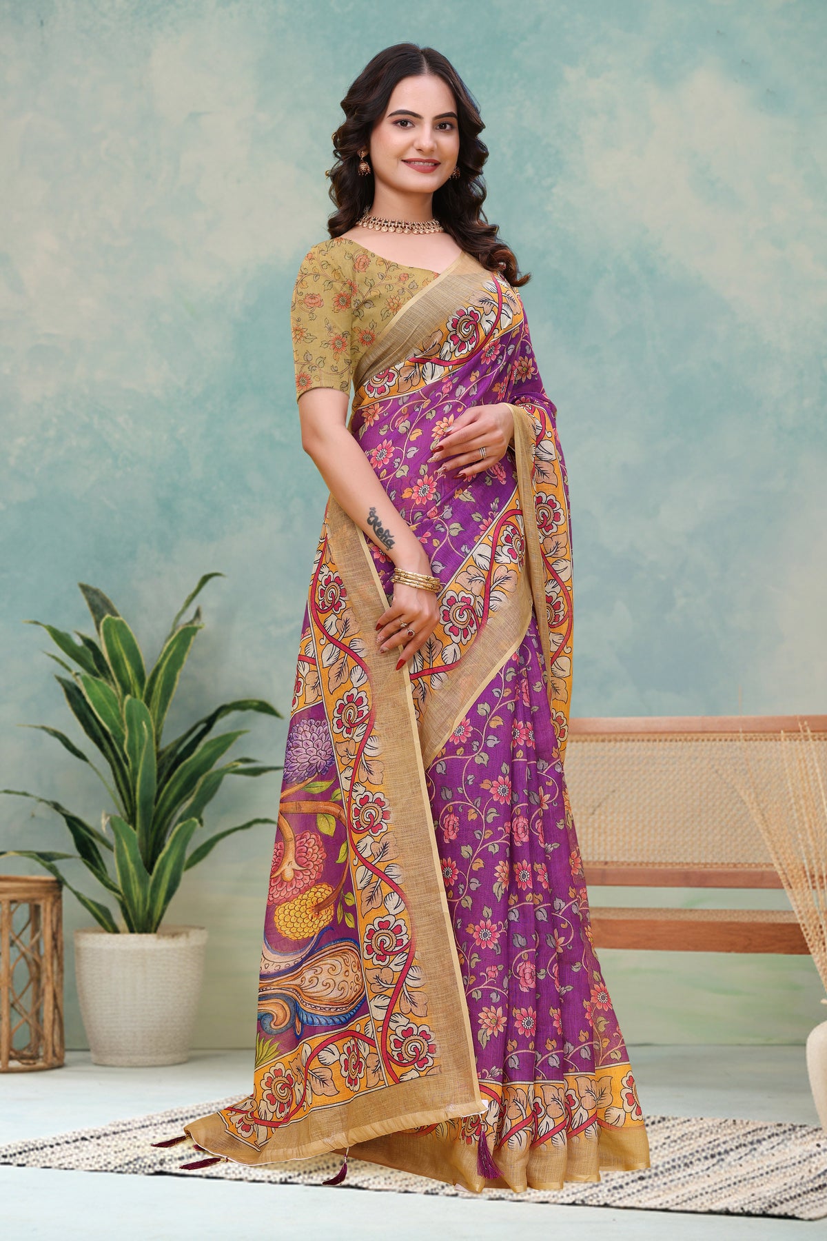 Purple Floral Printed Linen Cotton Saree with Peacock Pallu for Women