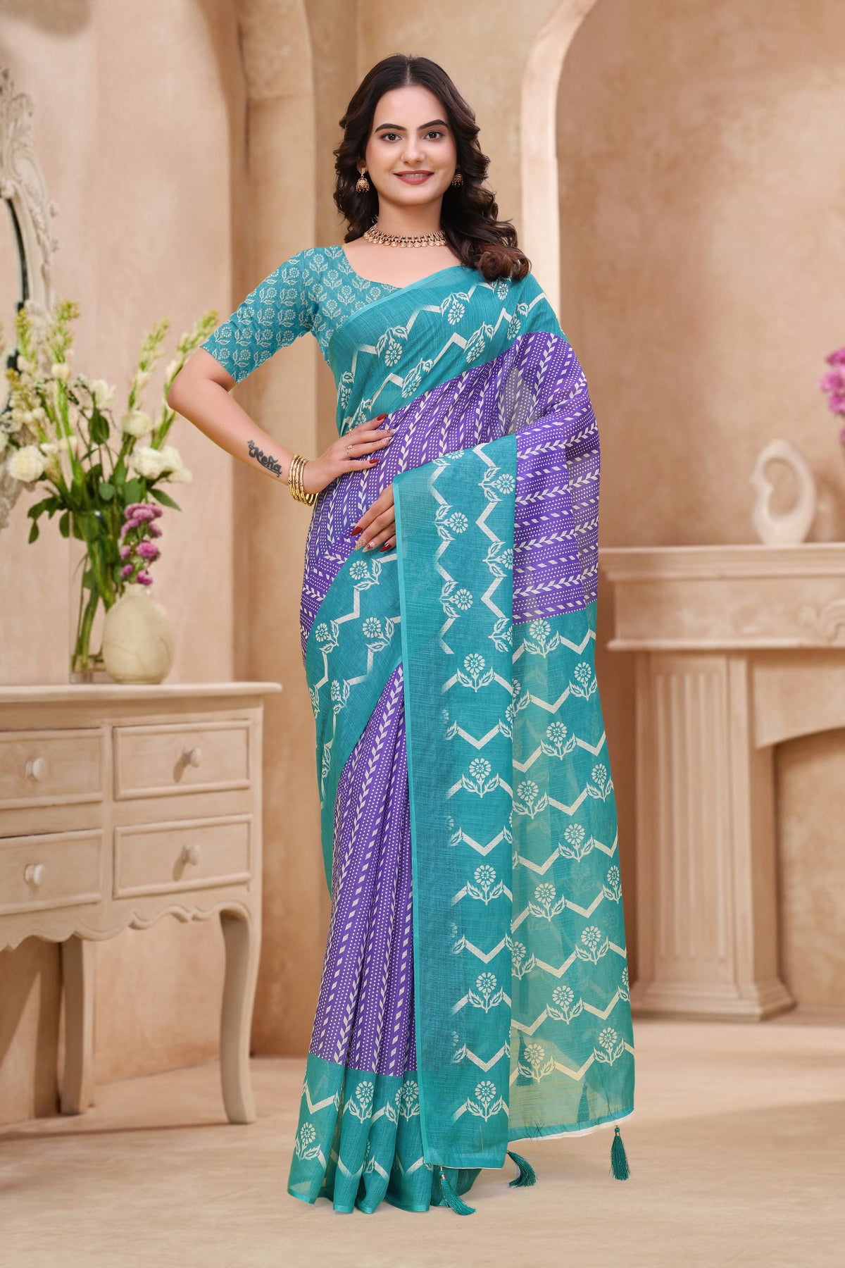 Teal Purple Floral Printed Linen Cotton Saree with Border for Women