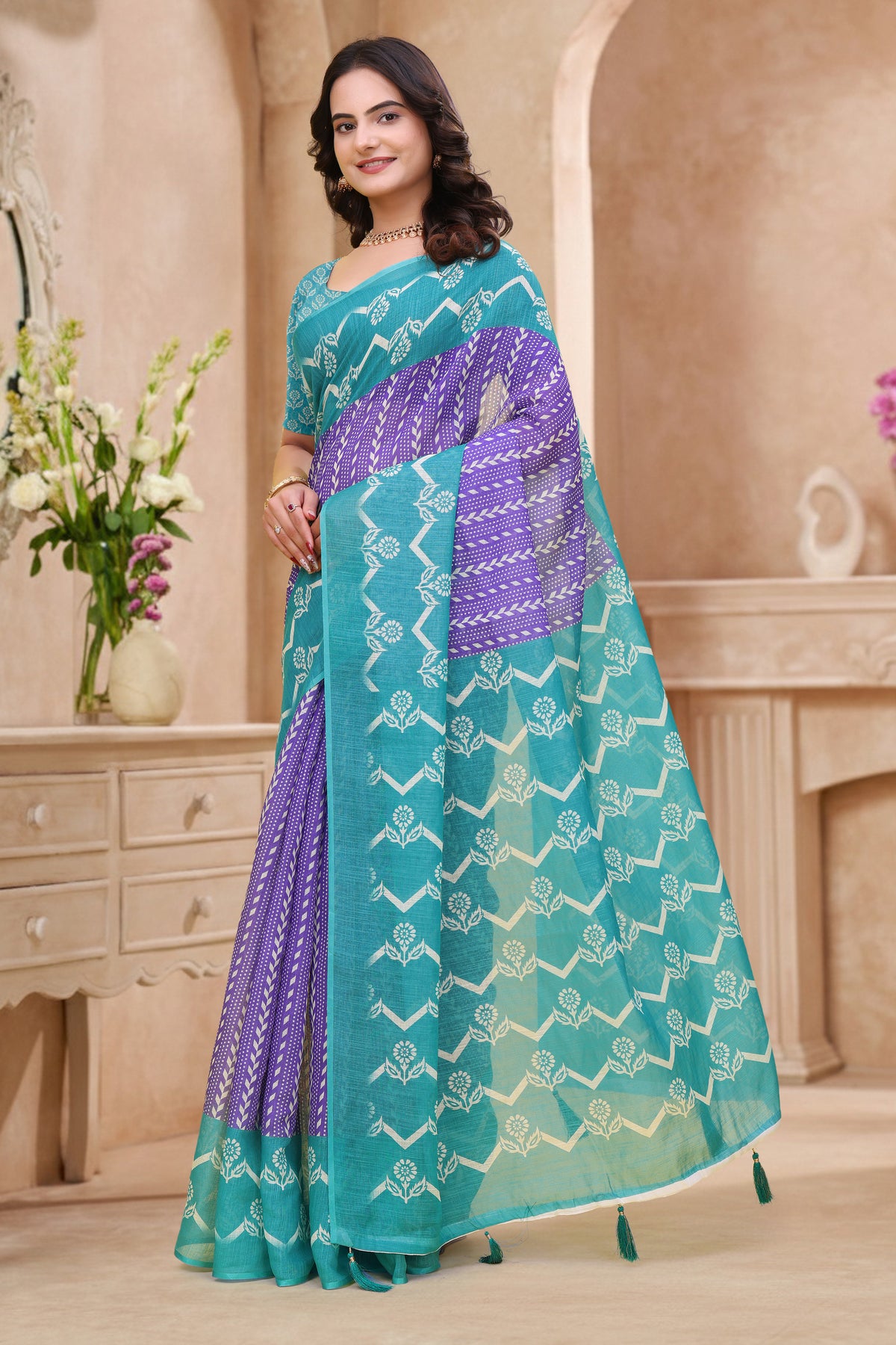 Teal Purple Floral Printed Linen Cotton Saree with Border for Women