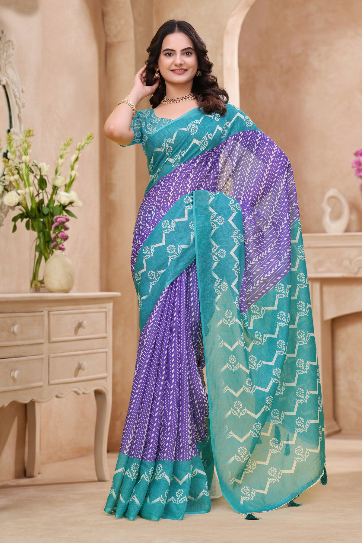Teal Purple Floral Printed Linen Cotton Saree with Border for Women