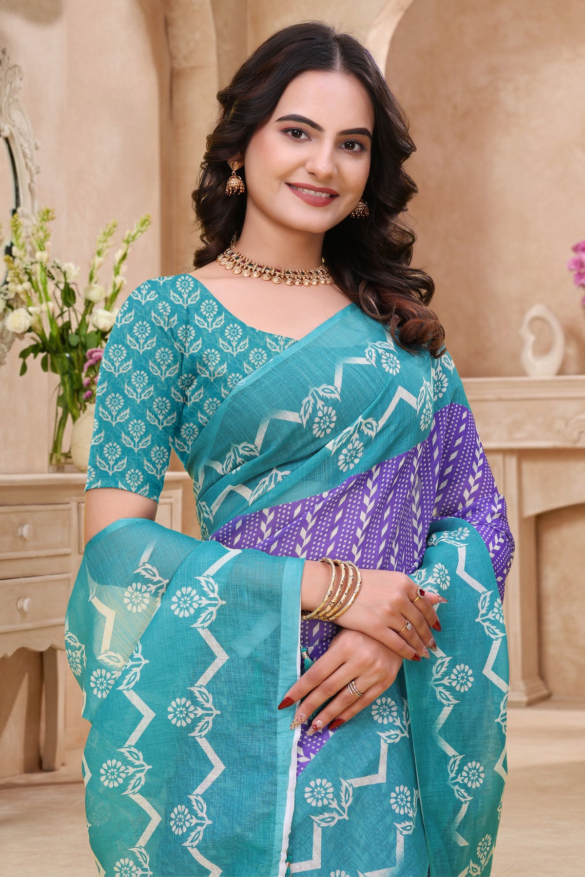 Teal Purple Floral Printed Linen Cotton Saree with Border for Women