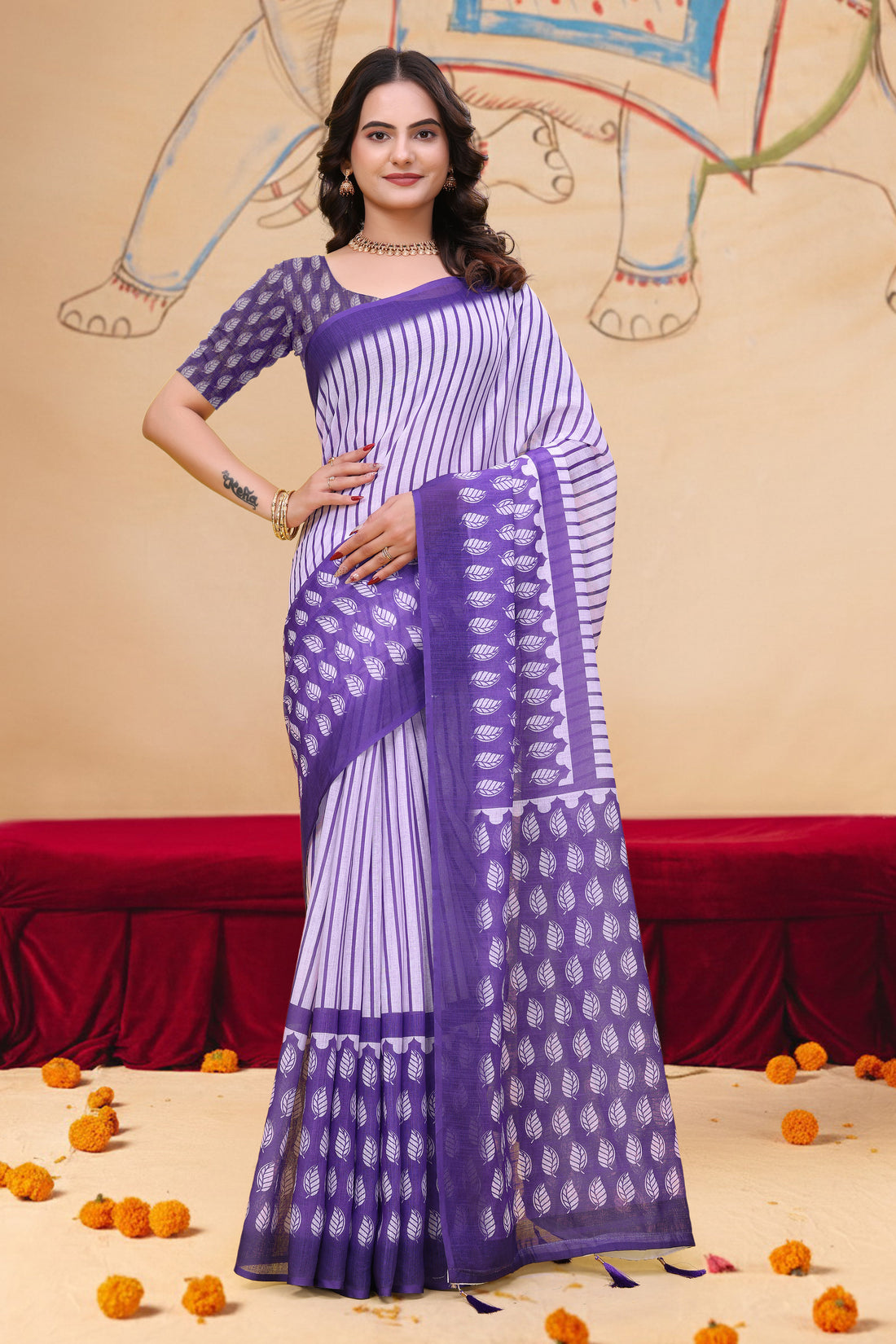 Purple Linen Cotton Saree with Leaf Print and Striped Pallu for Women