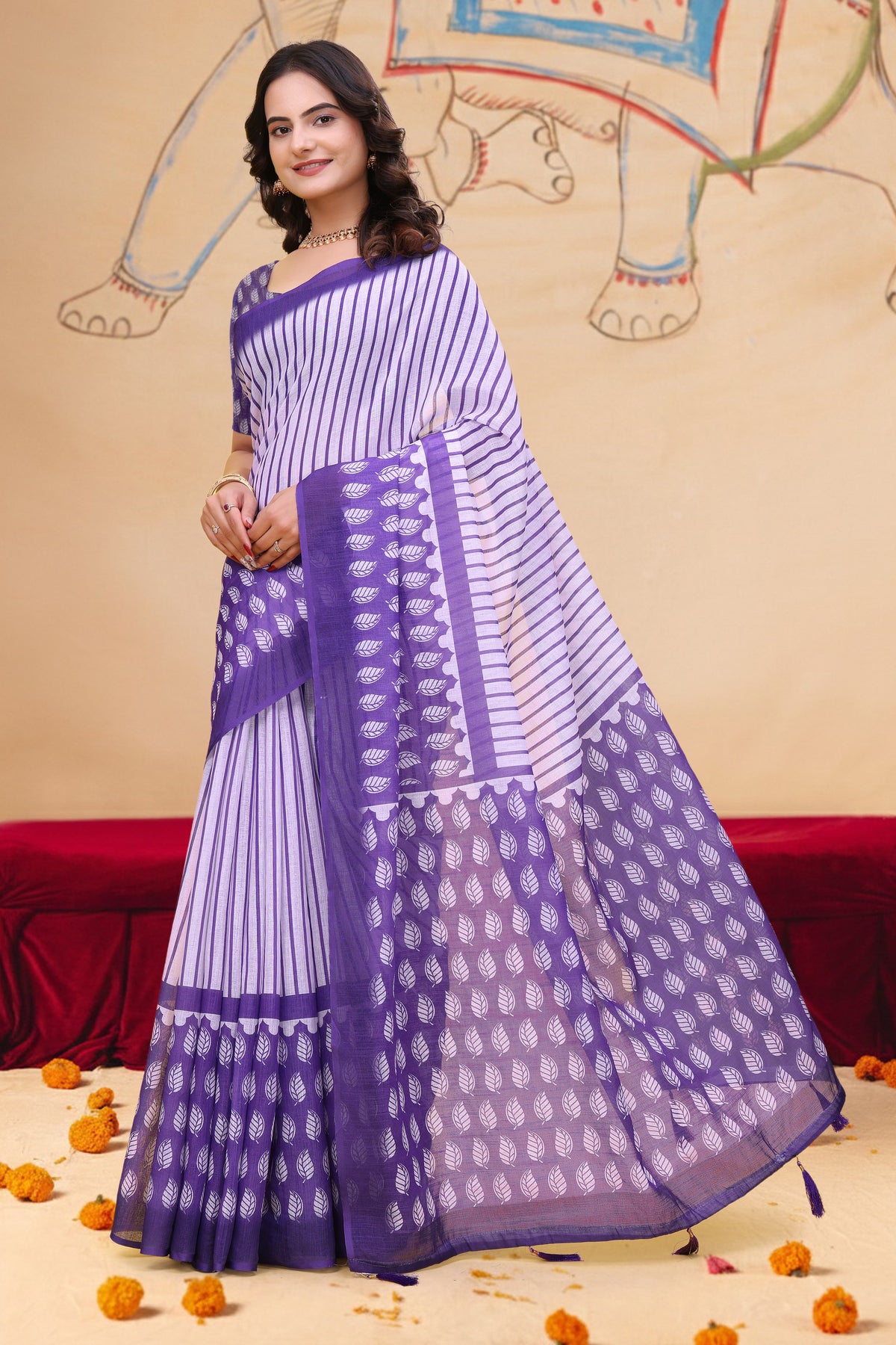 Purple Linen Cotton Saree with Leaf Print and Striped Pallu for Women