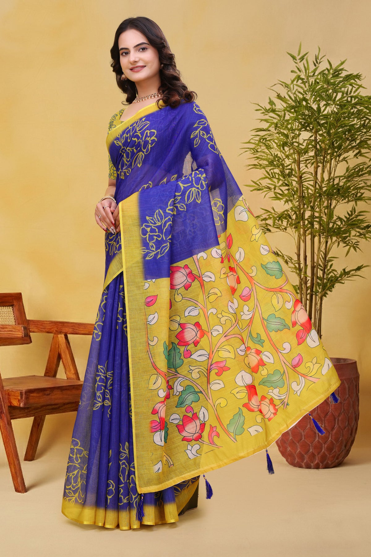 Blue Linen Cotton Floral Print Saree with Yellow Border for Women