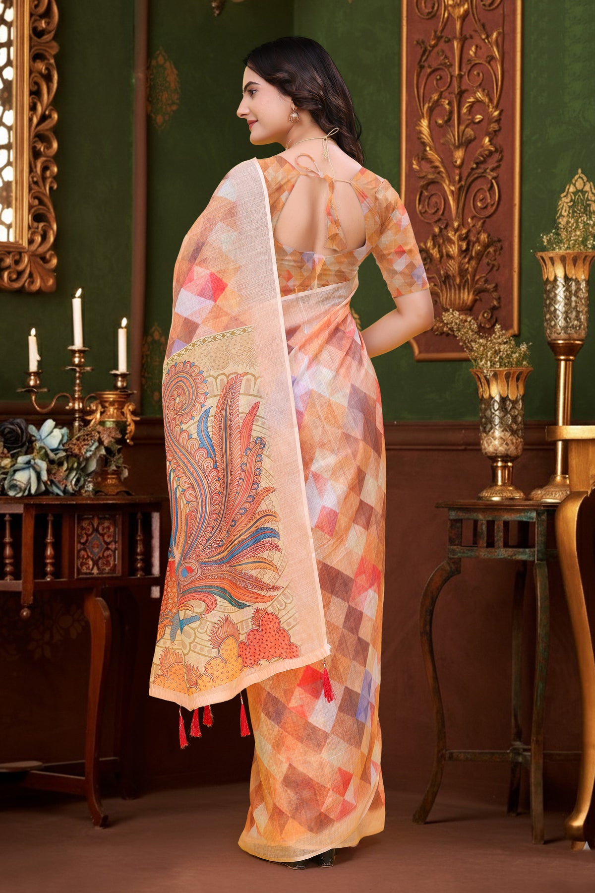 Peach Multicolor Linen Cotton Saree with Paisley Pallu for Women