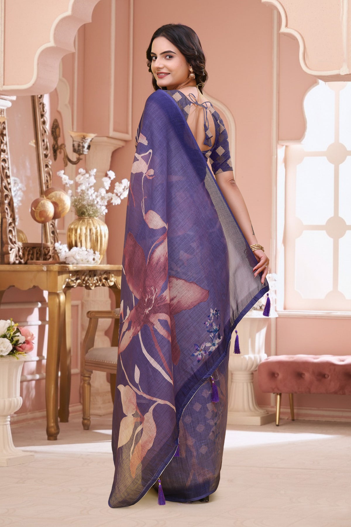 Lavender Floral Linen Cotton Saree with Blouse for Women