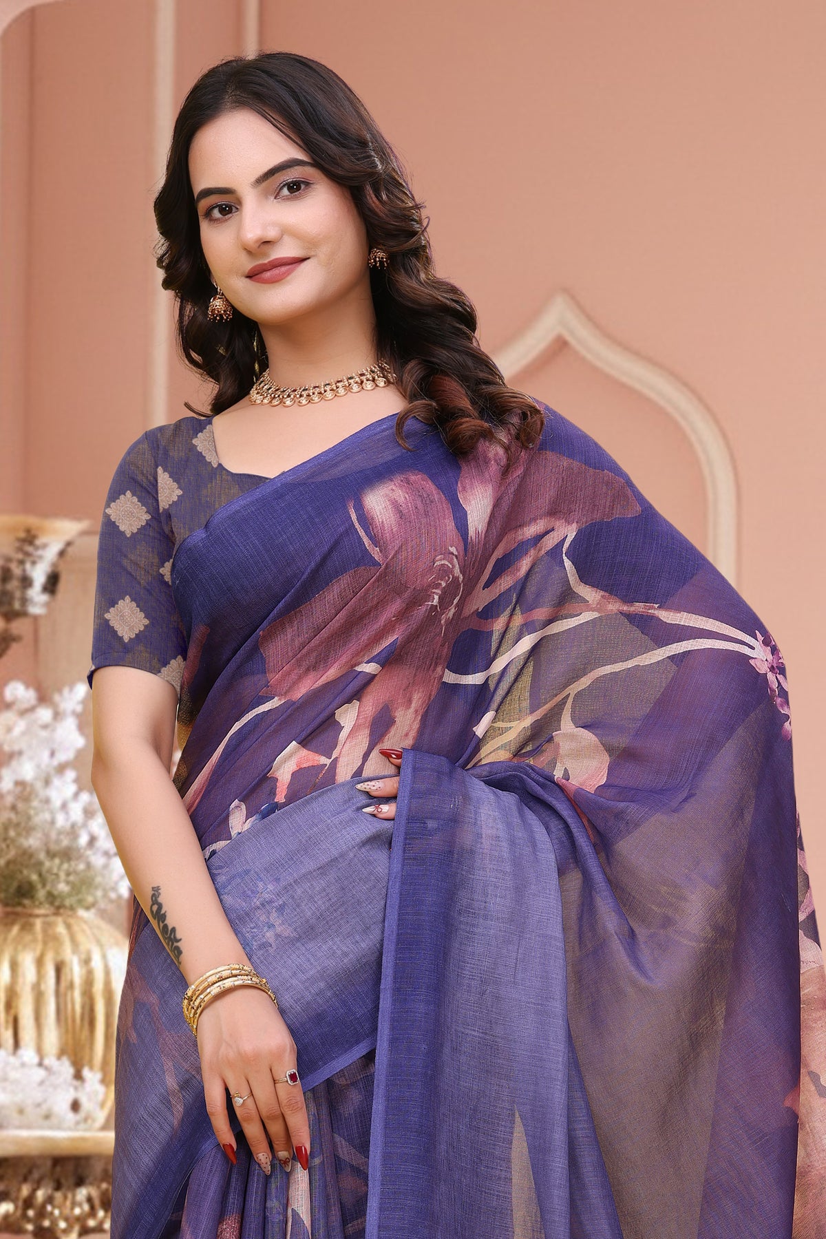 Lavender Floral Linen Cotton Saree with Blouse for Women