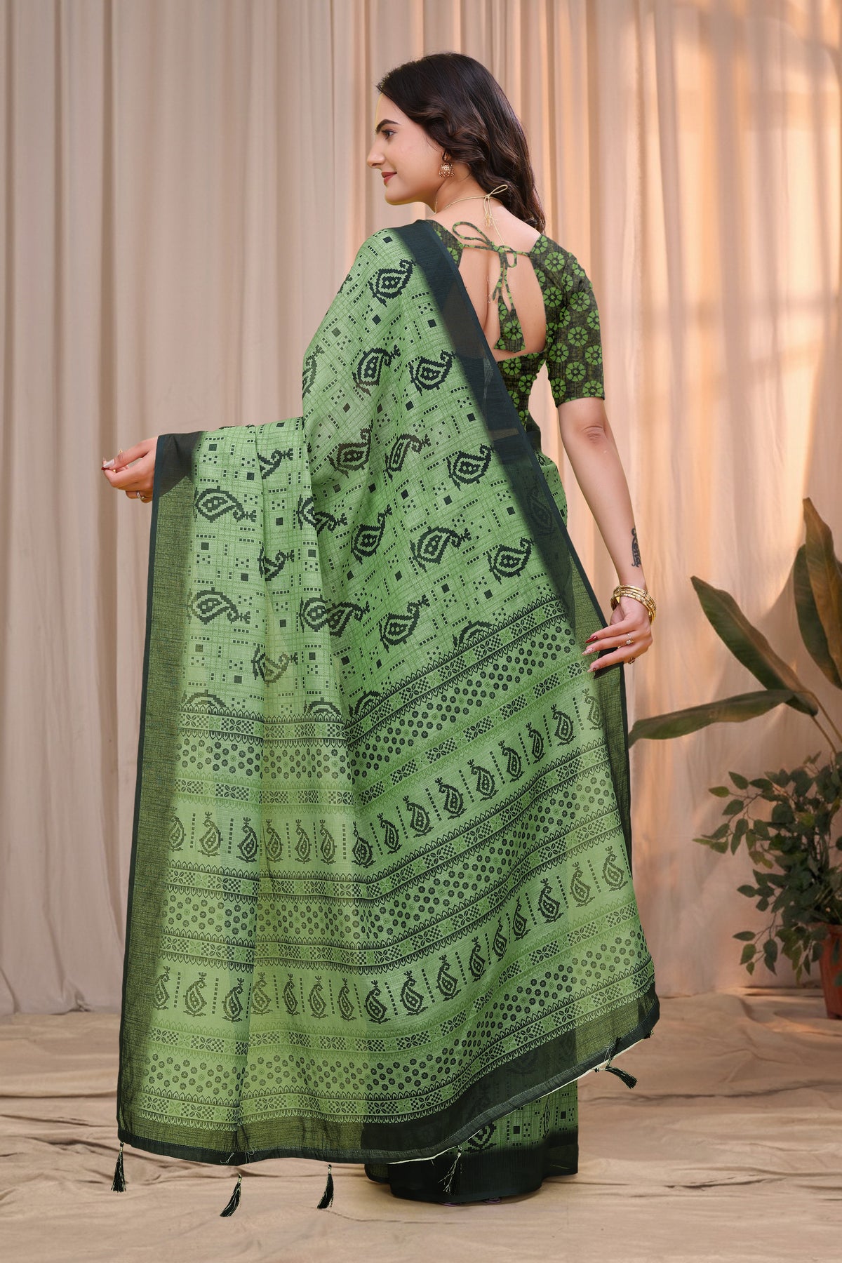 Olive Green Linen Cotton Printed Saree with Dark Border for Women