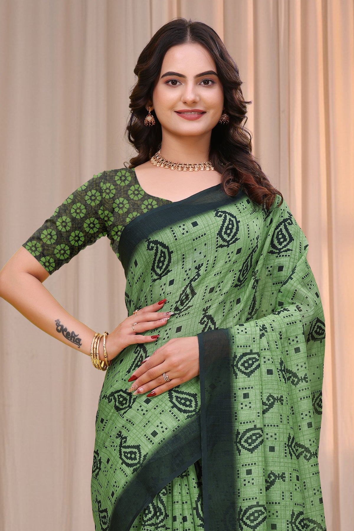 Olive Green Linen Cotton Printed Saree with Dark Border for Women
