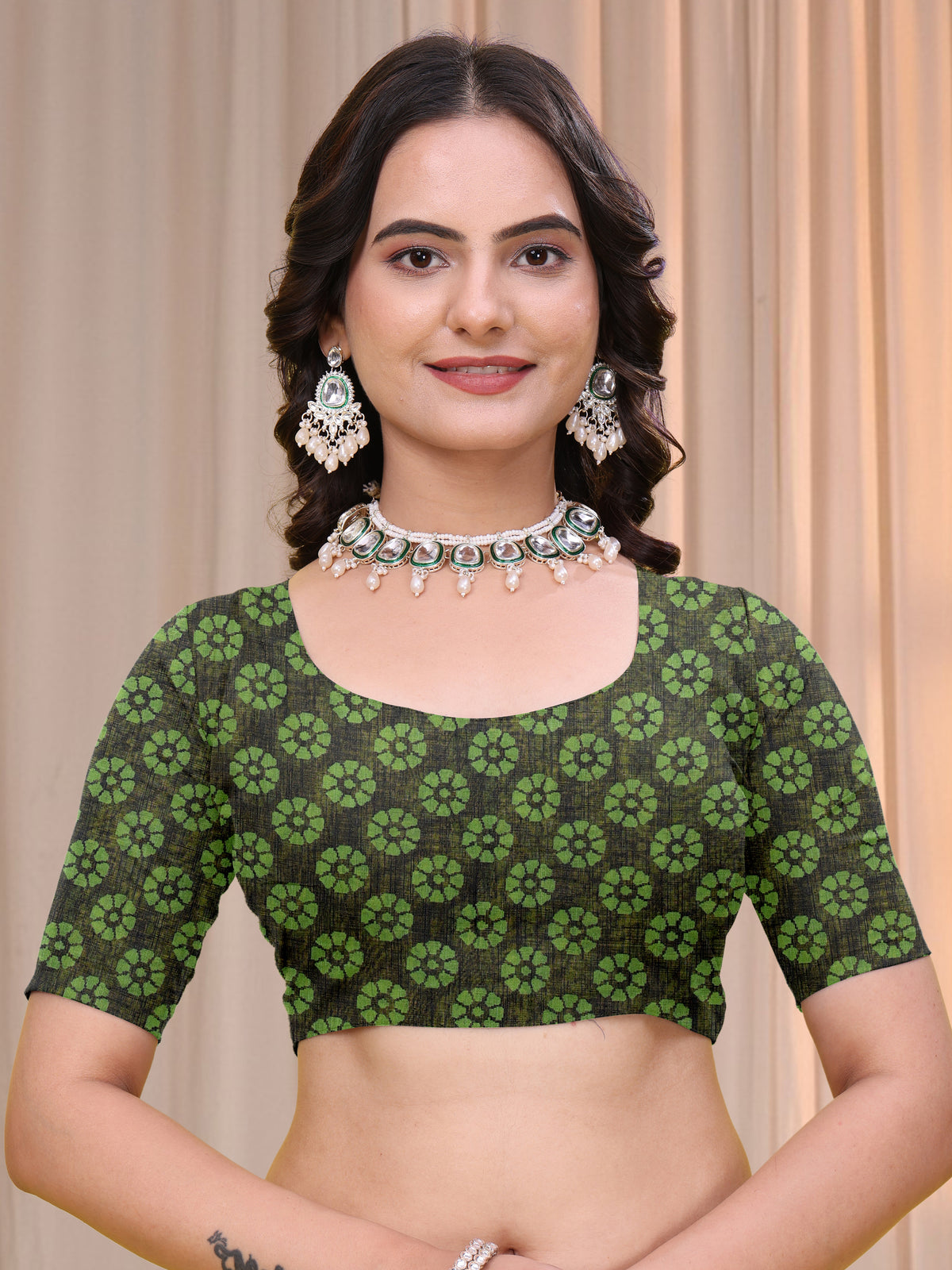 Olive Green Linen Cotton Printed Saree with Dark Border for Women