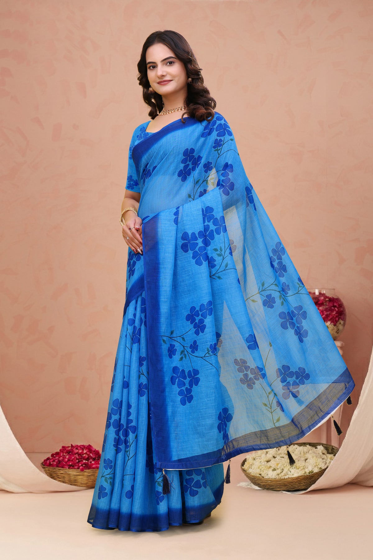 Blue Linen Cotton Floral Print Saree with Plain Dark Border for Women