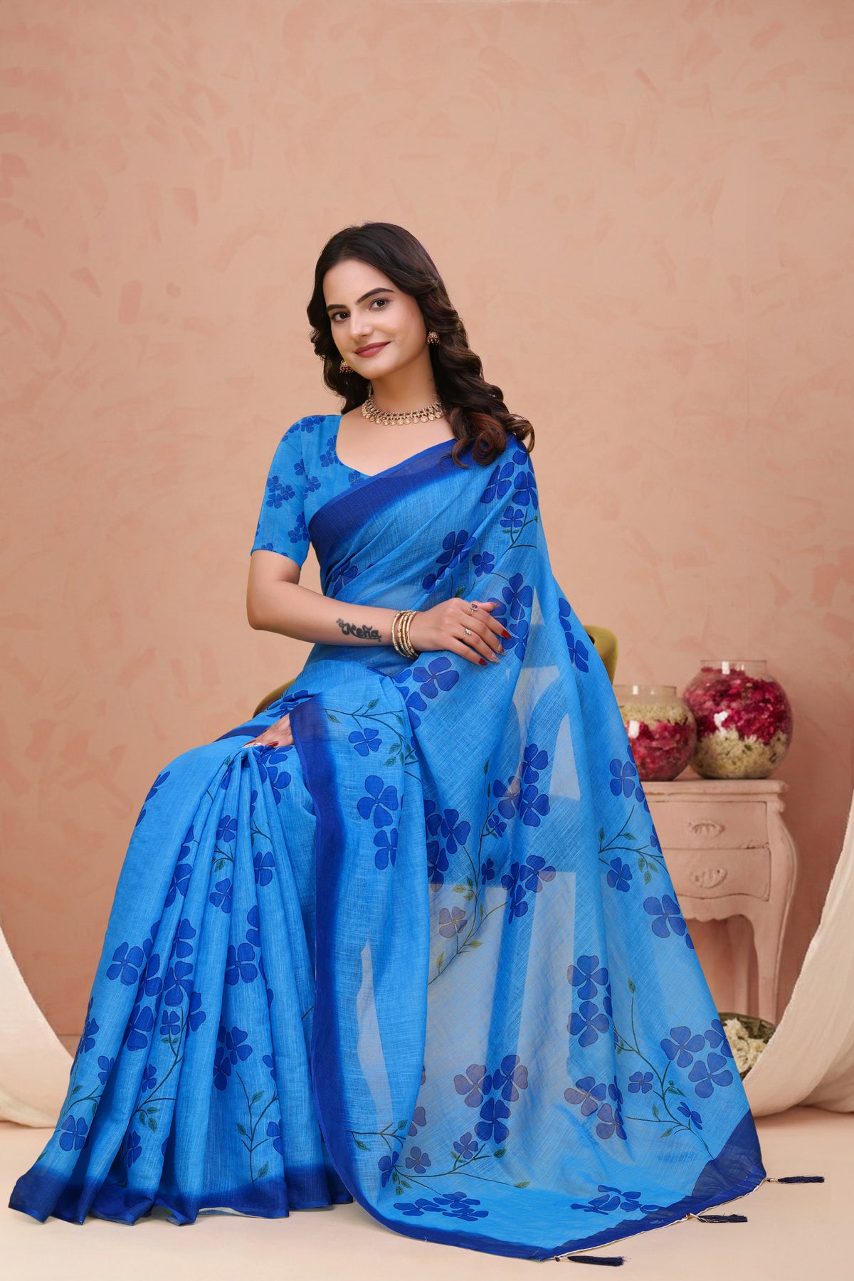 Blue Linen Cotton Floral Print Saree with Plain Dark Border for Women