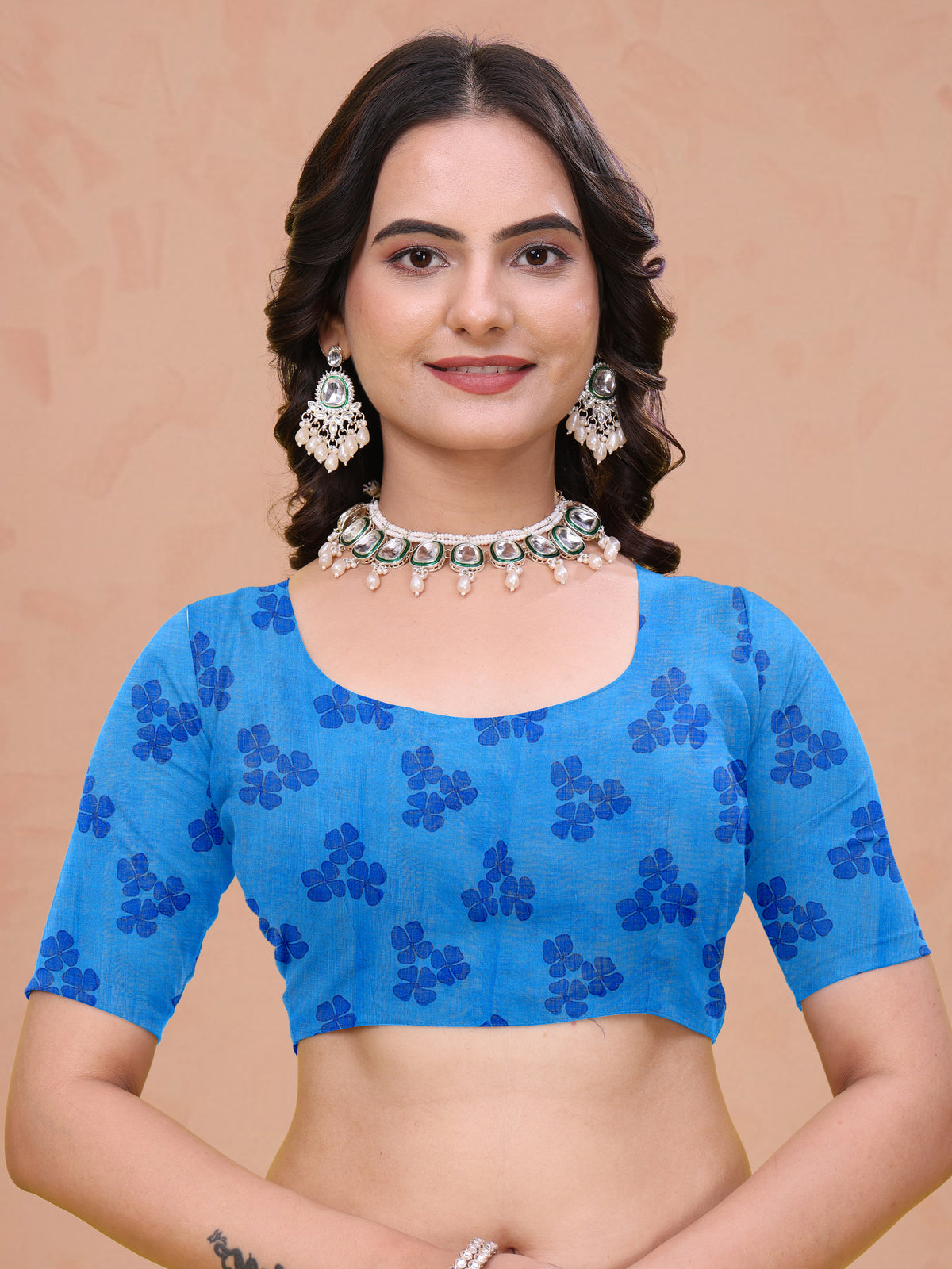 Blue Linen Cotton Floral Print Saree with Plain Dark Border for Women