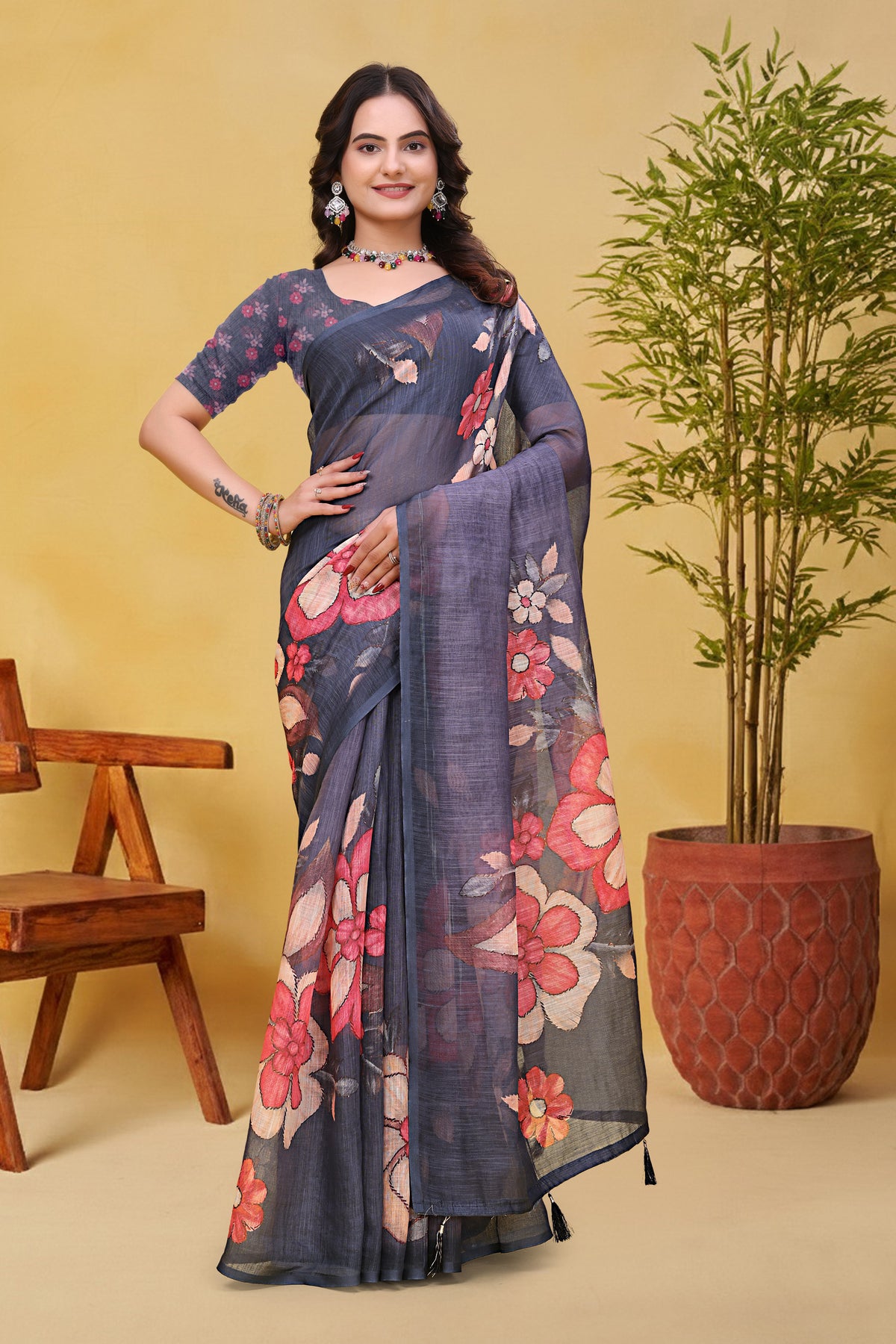 Charcoal Grey Linen Cotton Floral Saree with Printed Border for Women