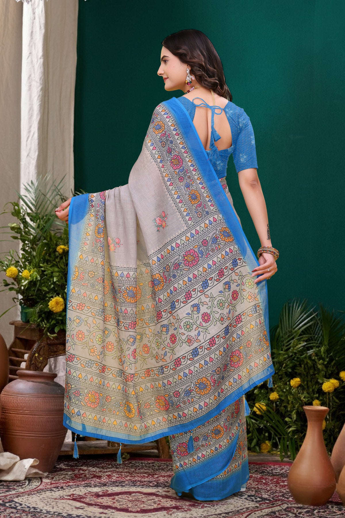 Grey Floral Printed Linen Cotton Saree with Blue Border Art for Women
