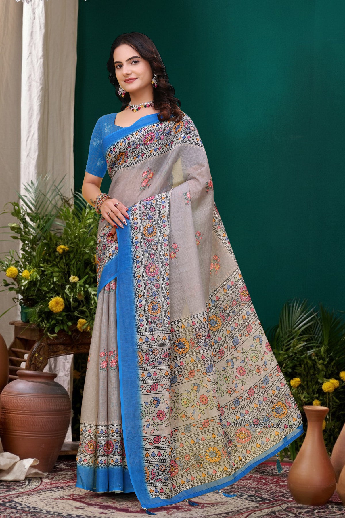Grey Floral Printed Linen Cotton Saree with Blue Border Art for Women