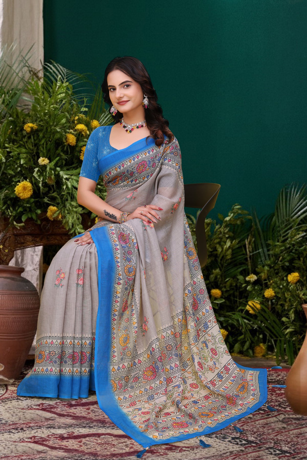 Grey Floral Printed Linen Cotton Saree with Blue Border Art for Women