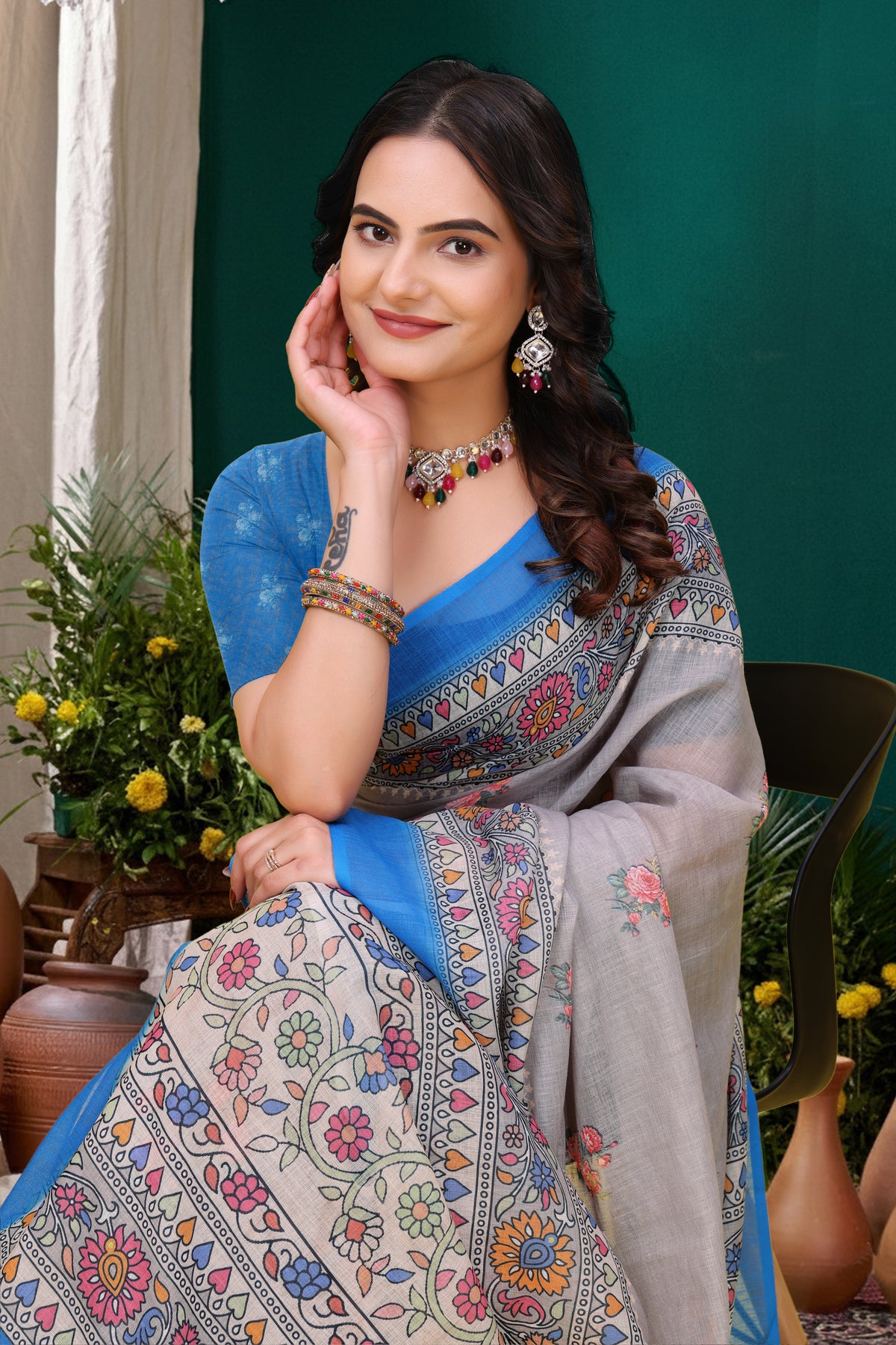 Grey Floral Printed Linen Cotton Saree with Blue Border Art for Women