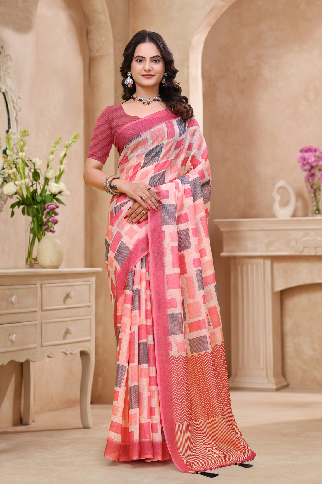 Coral Pink Geometric Printed Linen Cotton Saree ! for Women