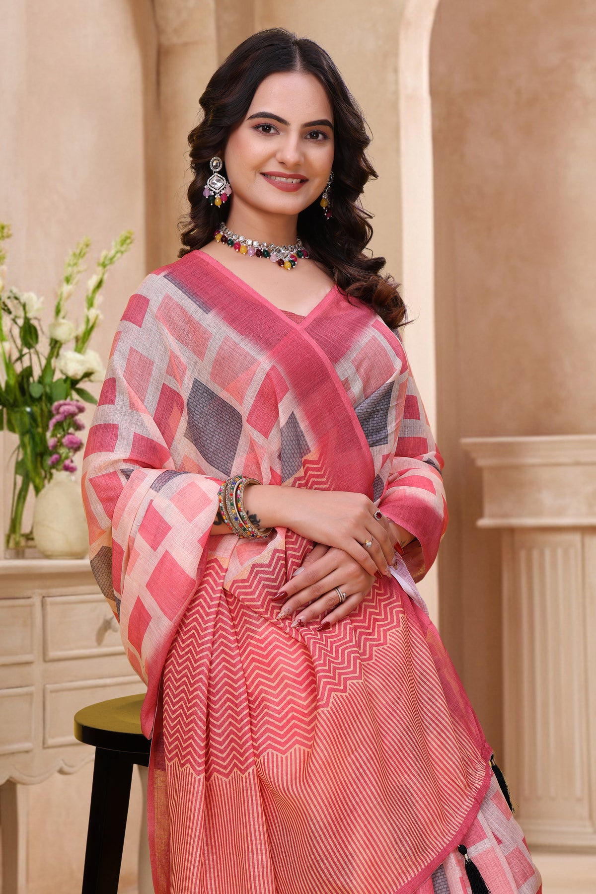 Coral Pink Geometric Printed Linen Cotton Saree ! for Women
