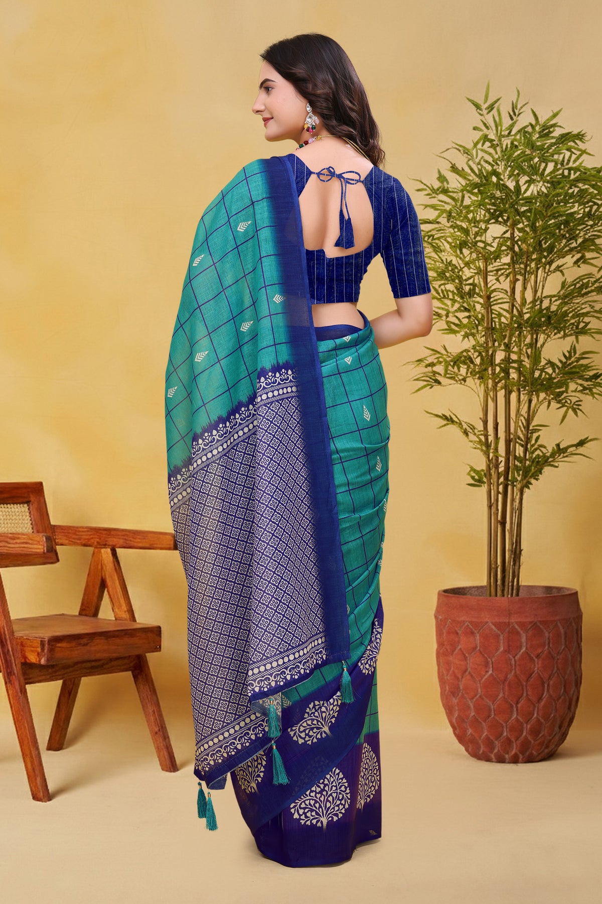 Blue Green Linen Cotton Saree with Checks and Printed Pallu for Women
