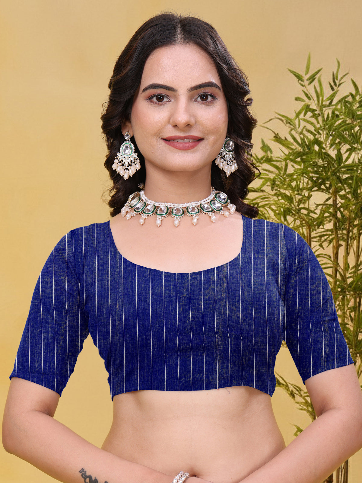 Blue Green Linen Cotton Saree with Checks and Printed Pallu for Women