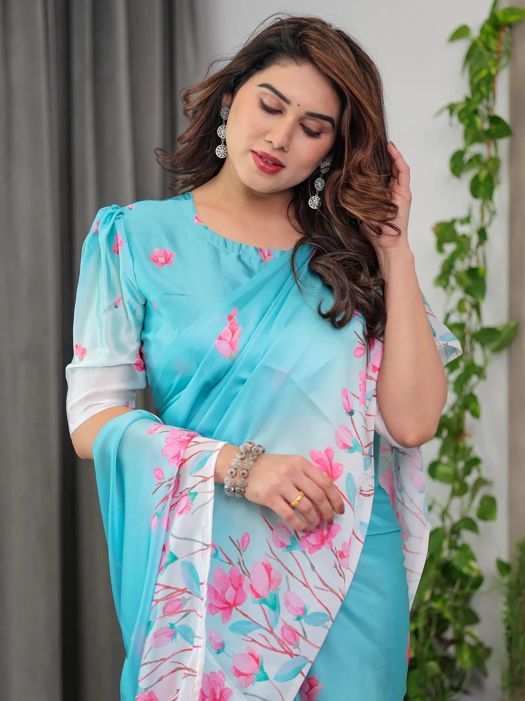 Turquoise Floral Print Satin Saree with Unstitched Blouse for Women
