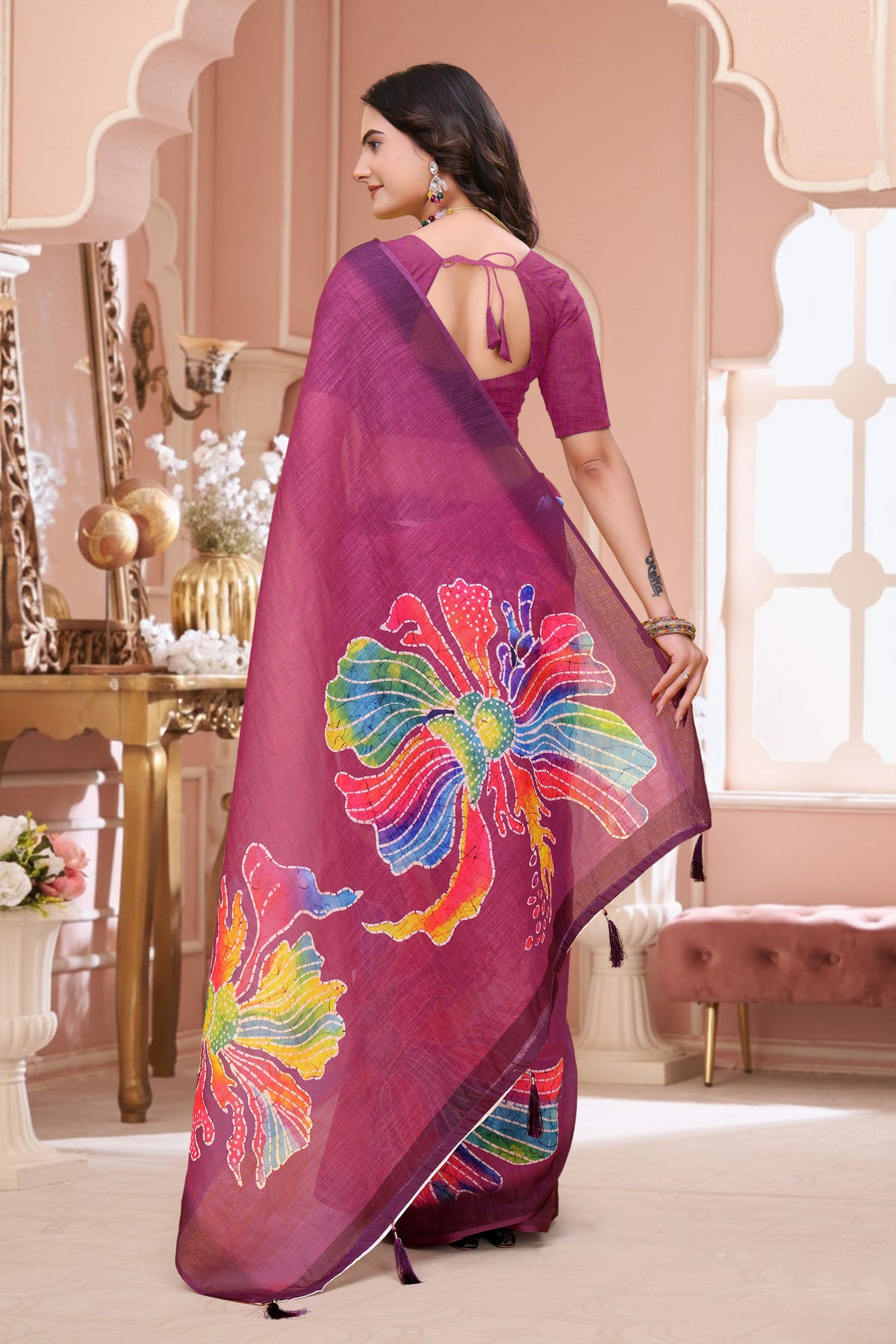 Wine Linen Cotton Floral Print Saree with Art Border for Women