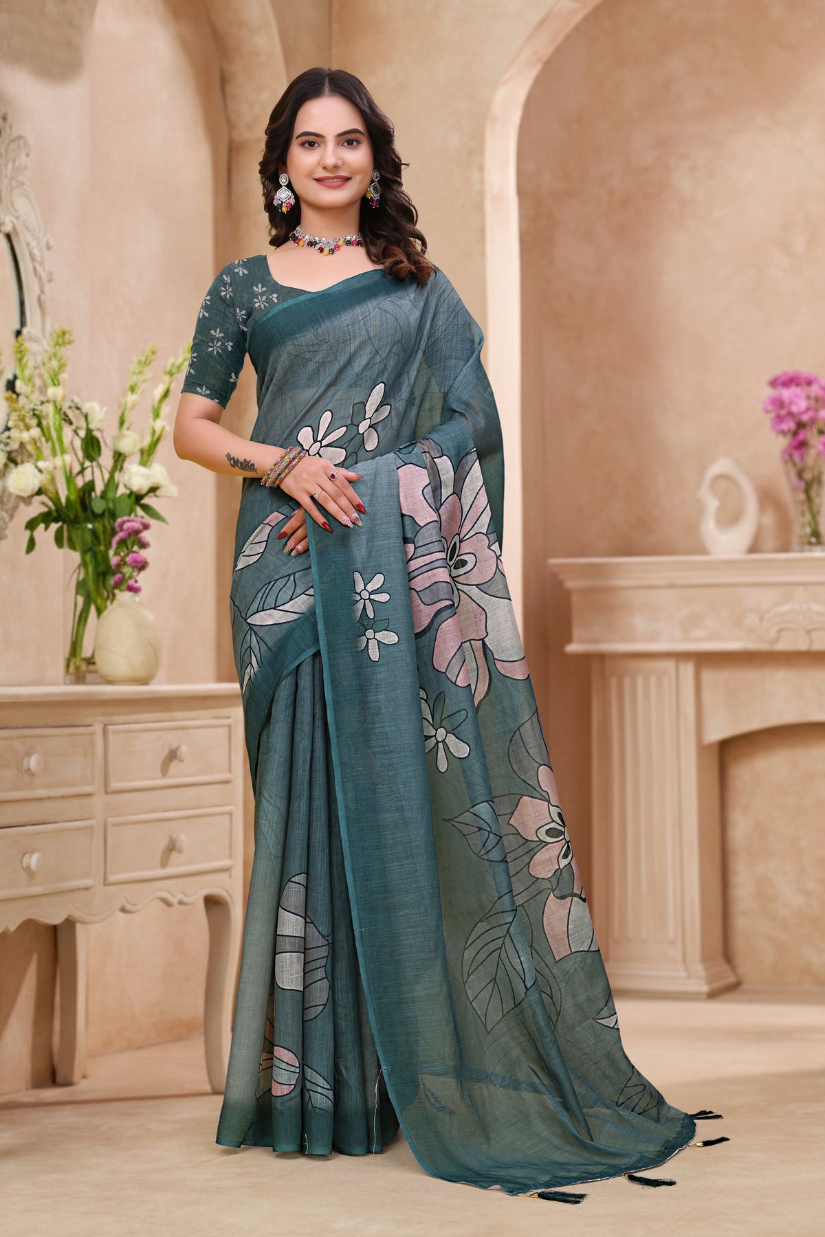 Teal Blue Linen Cotton Floral Printed Saree with Blouse Set for Women